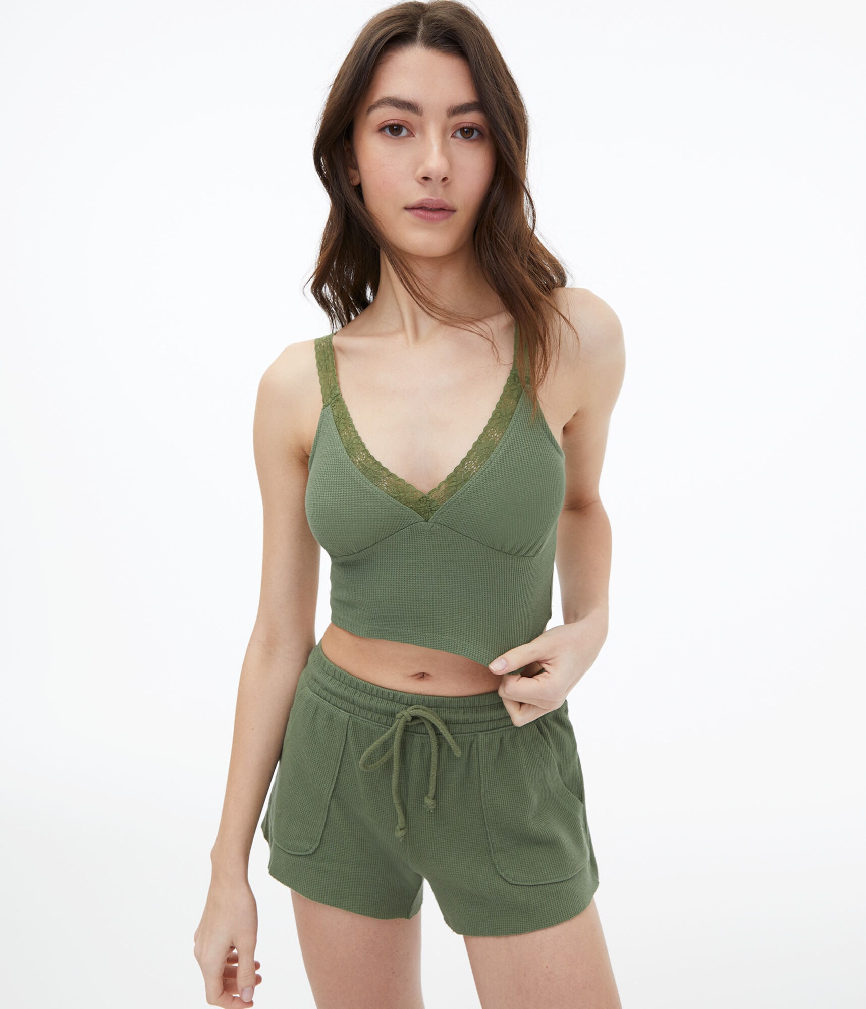 Lacy Waffle-Knit Cropped Sleep Tank