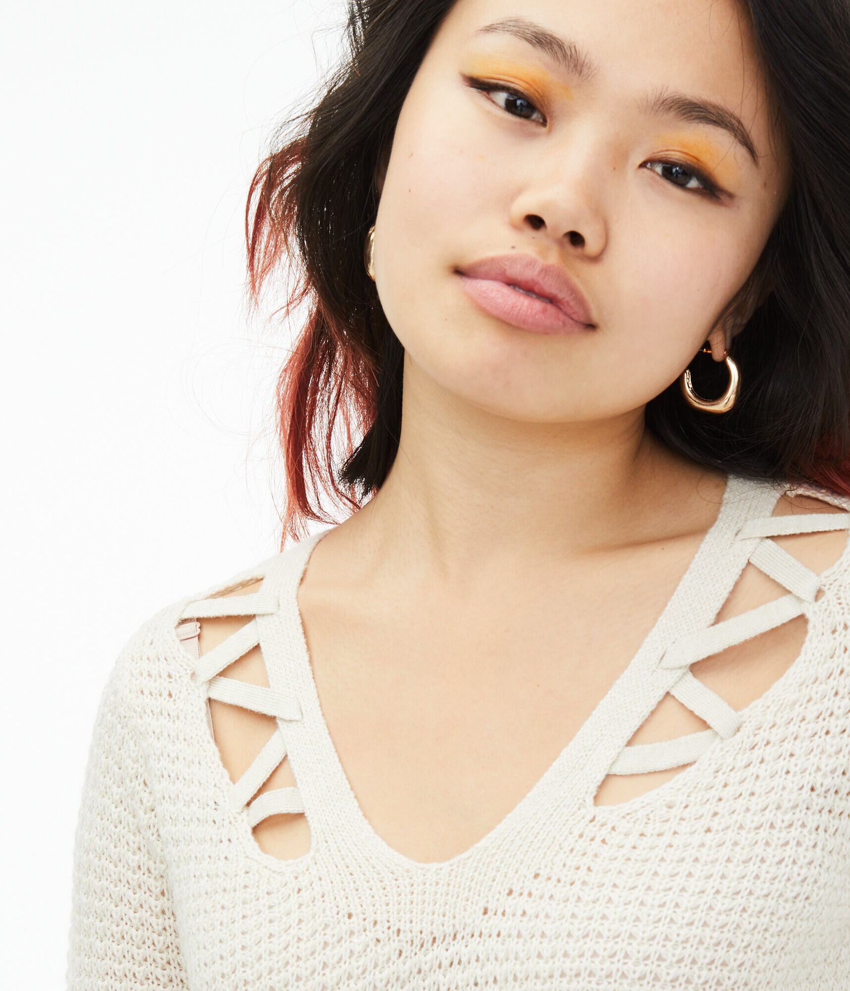 Laced-Up Shoulder V-Neck Sweater