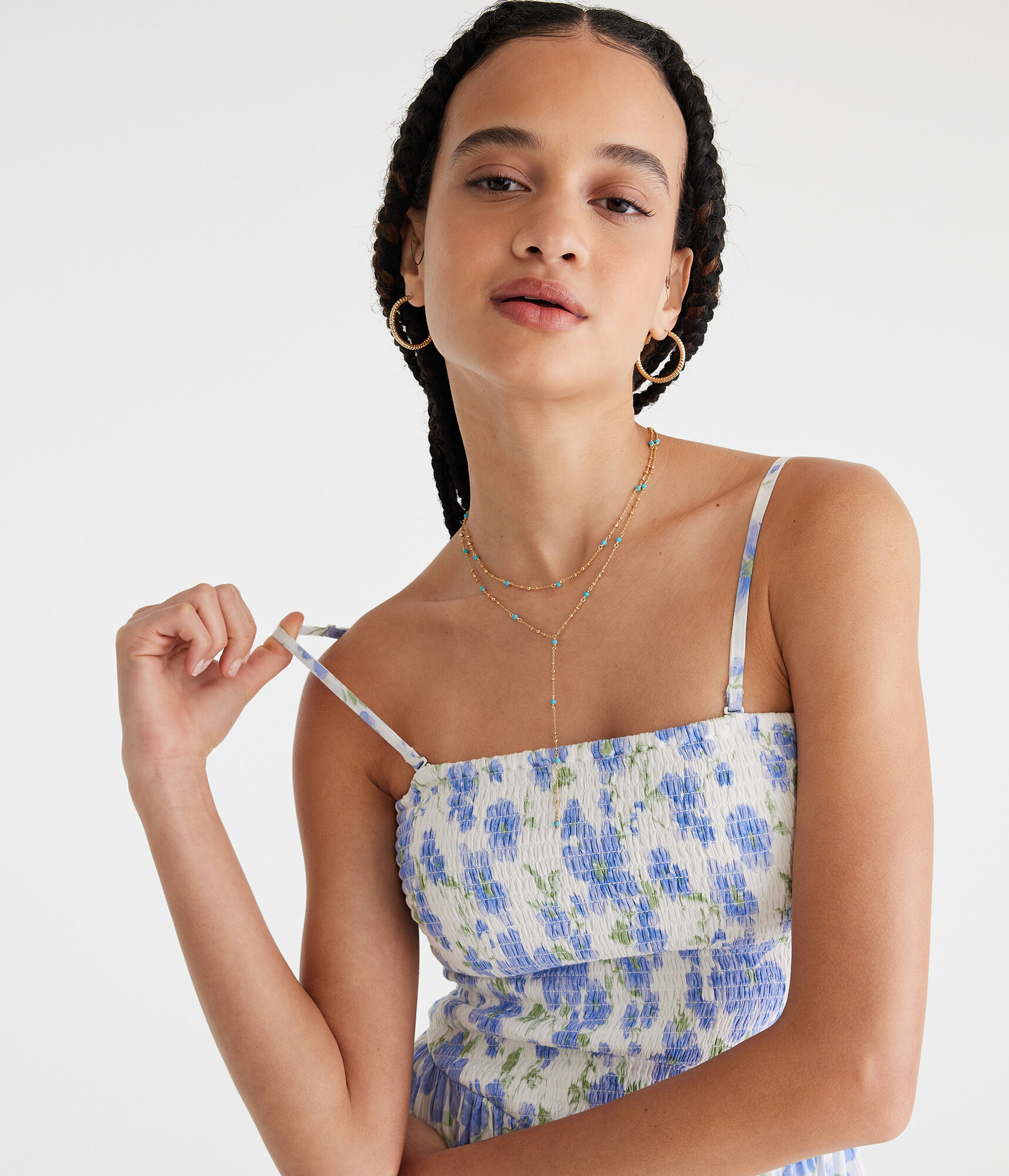 aeropostale blue floral dress Aeropostale Womens' Floral Square-Neck Smocked Fit & Flare Mini Dress - White - Size L - Rayon