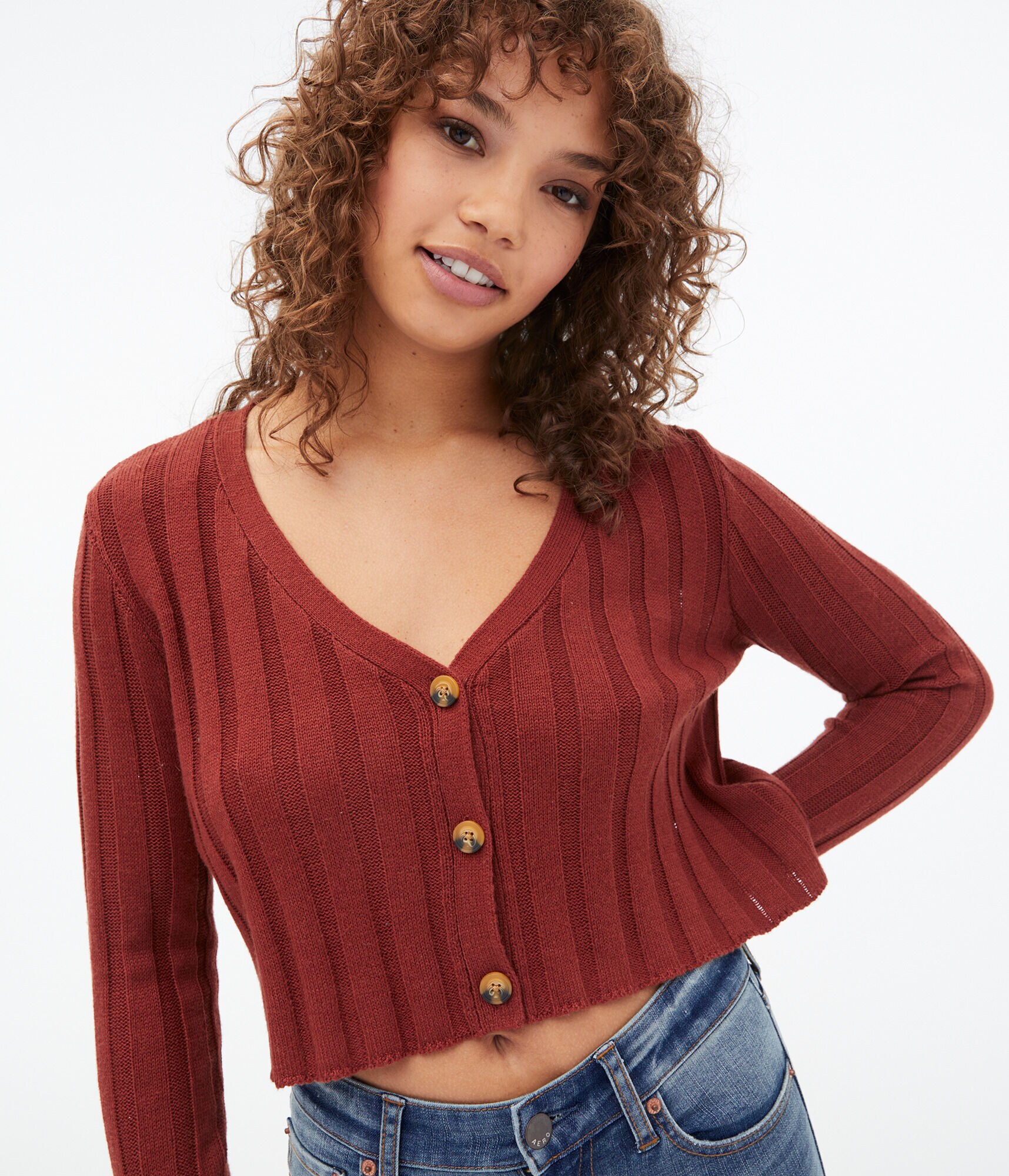 Ribbed Button-Front Cropped V-Neck Cardigan