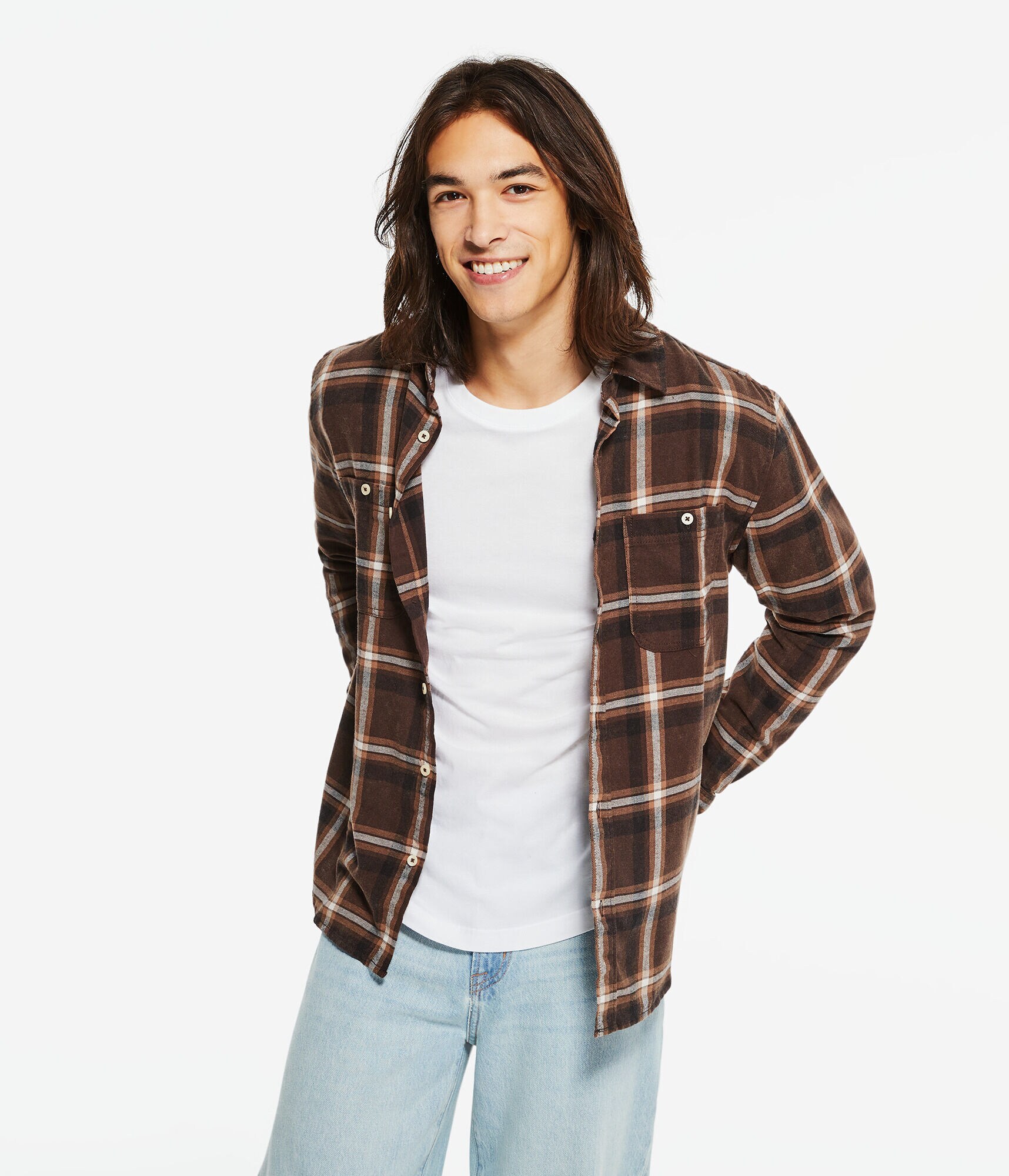 Long Sleeve Relaxed Washed Plaid Flannel Shirt