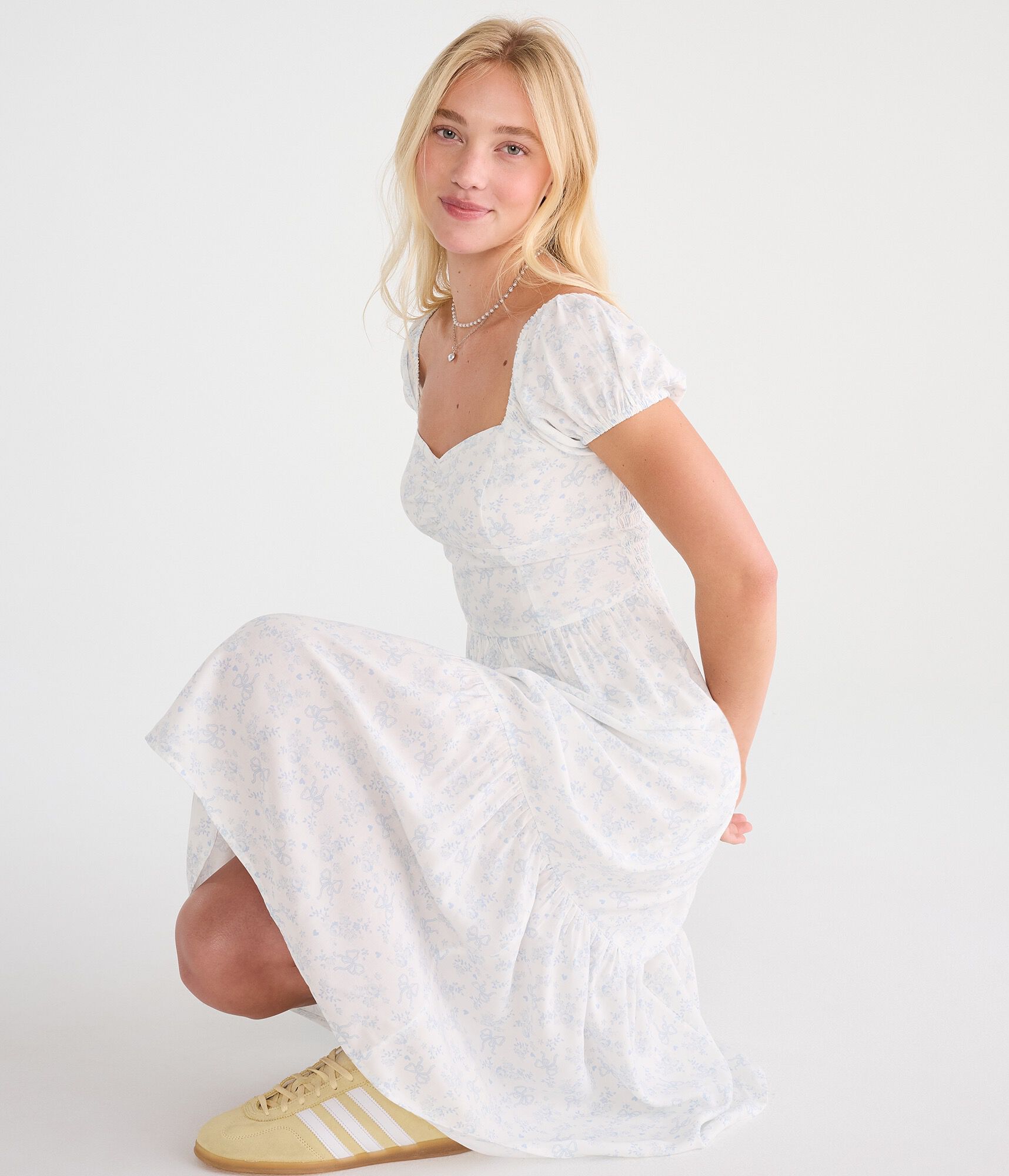 Floral Bow Print Sweetheart Midi Dress