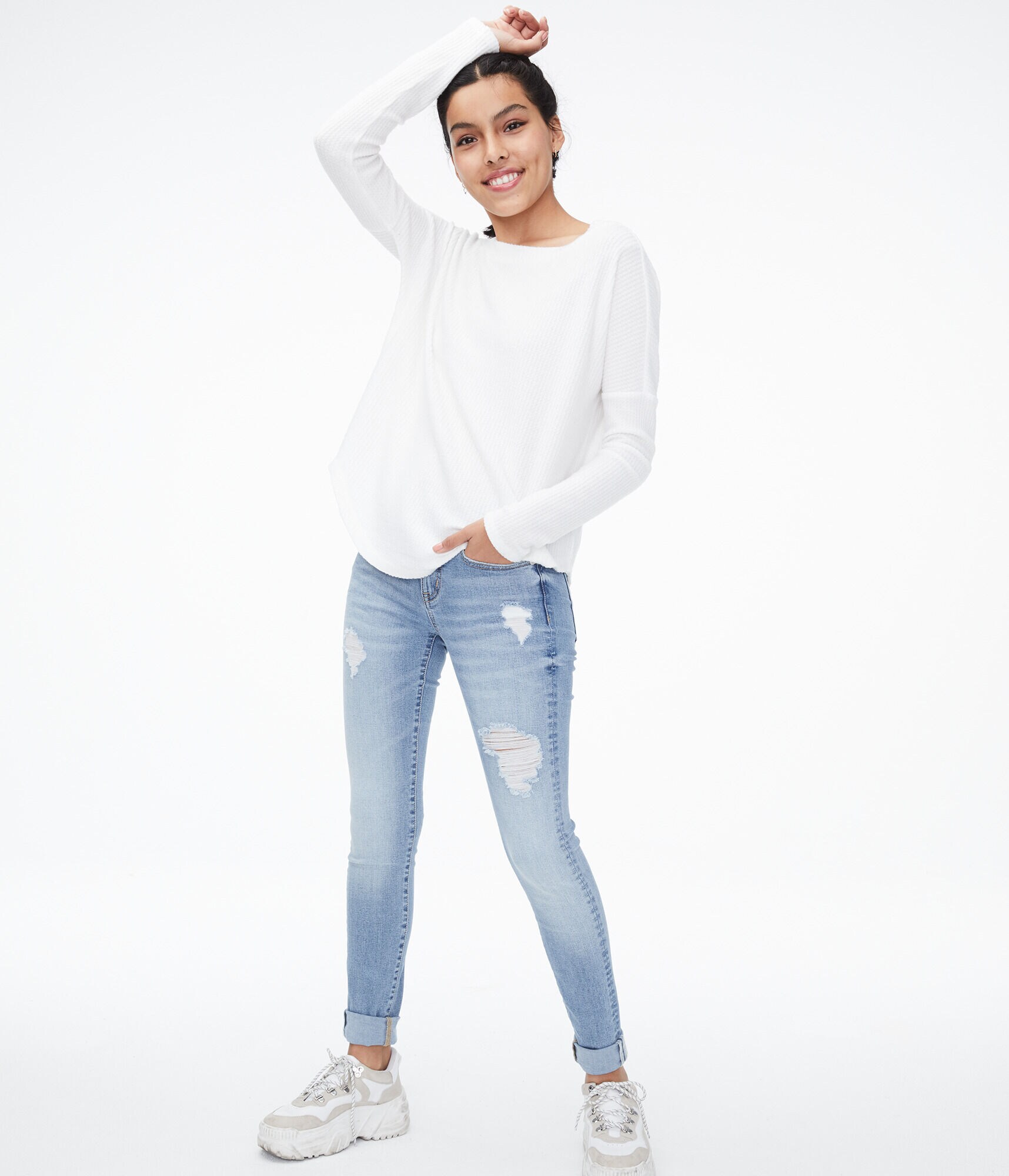 Long Sleeve Waffle-Knit Boat-Neck Top