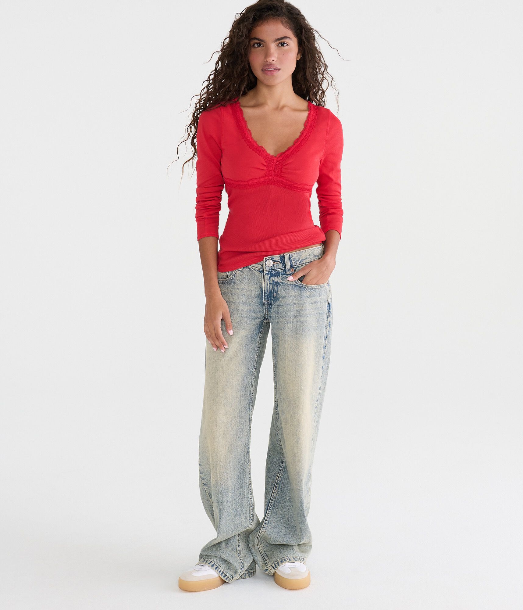 Long Sleeve Seriously Soft Y2K Lace V-Neck Tee