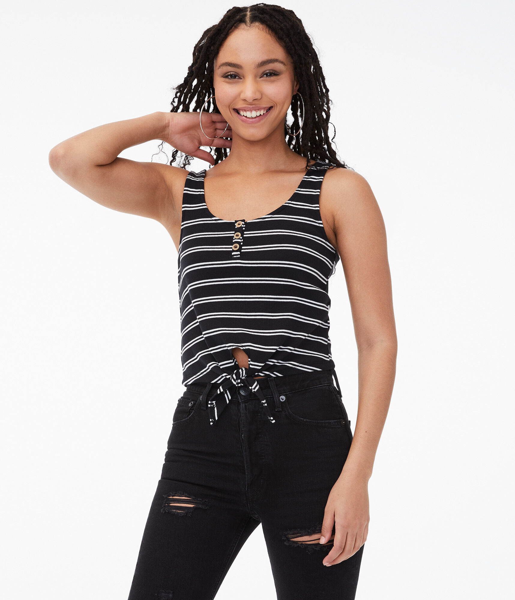 Striped Tie-Front Henley Tank