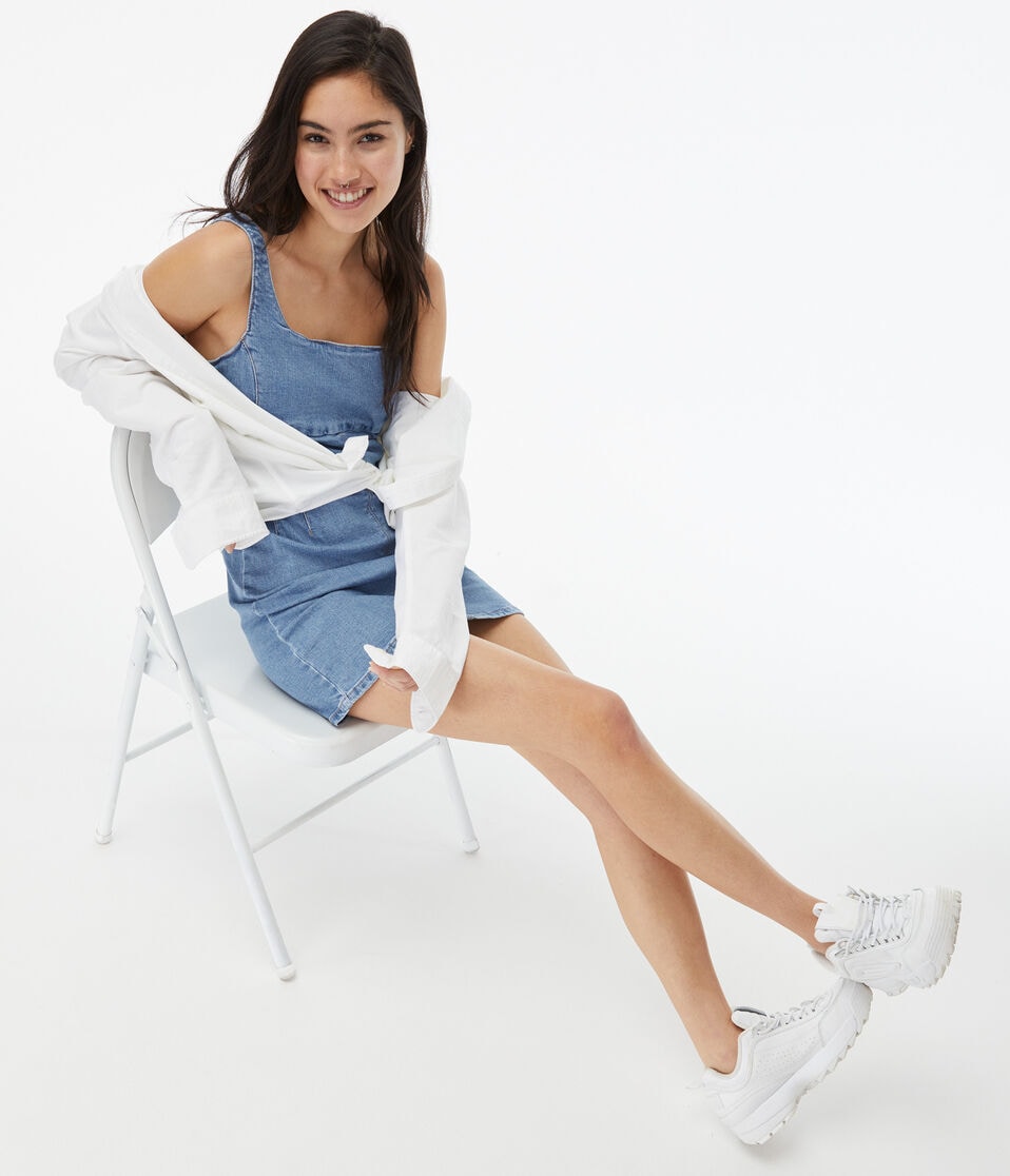 aeropostale denim dress Solid Button-Front A-Line Denim Dress