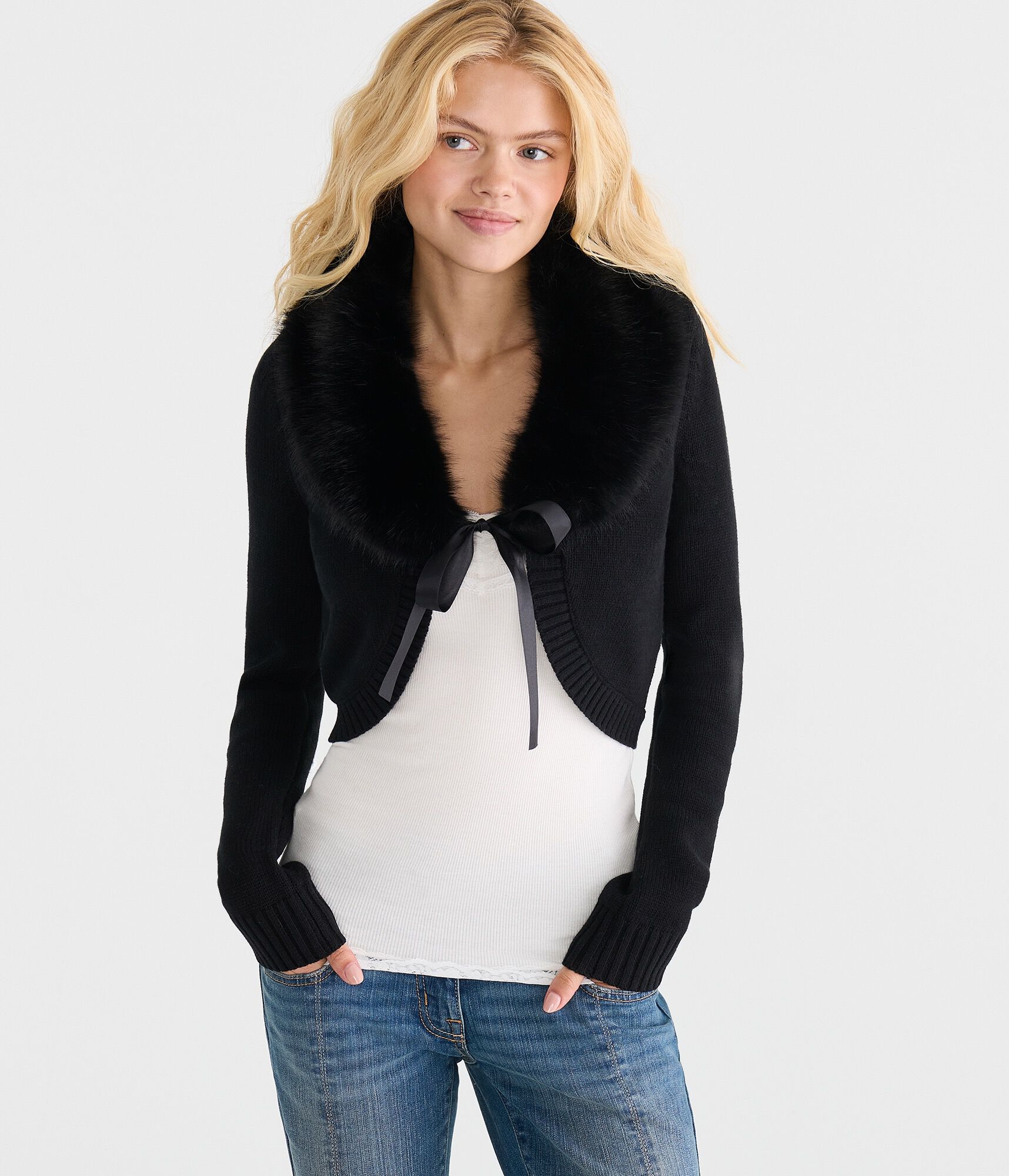 Long Sleeve Faux Fur-Trimmed Sweater Shrug