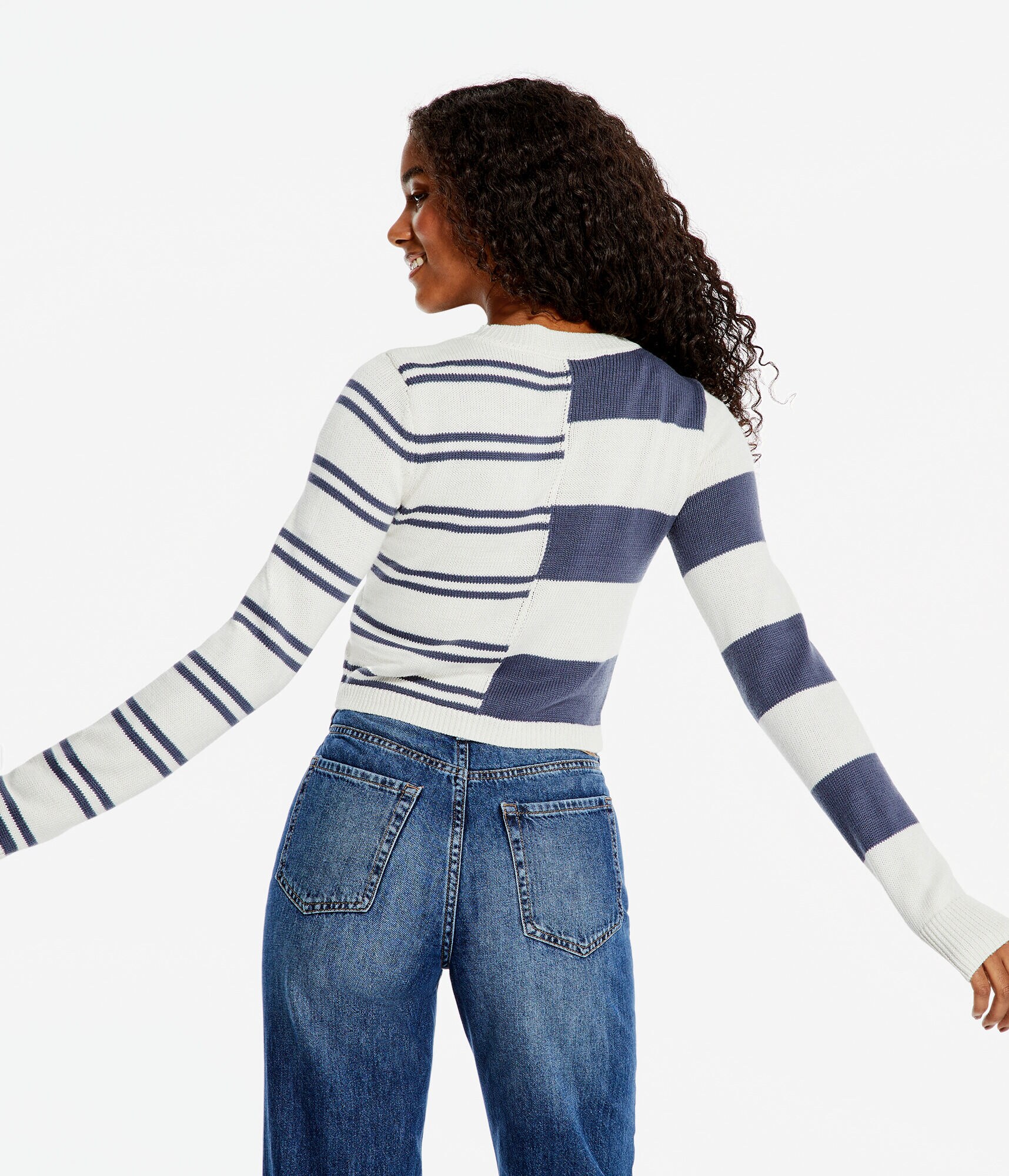 Spliced Stripe Cropped Crew Sweater