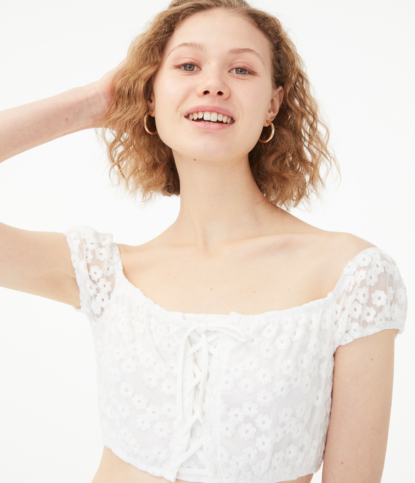 Lace-Up Daisy Mesh Crop Top