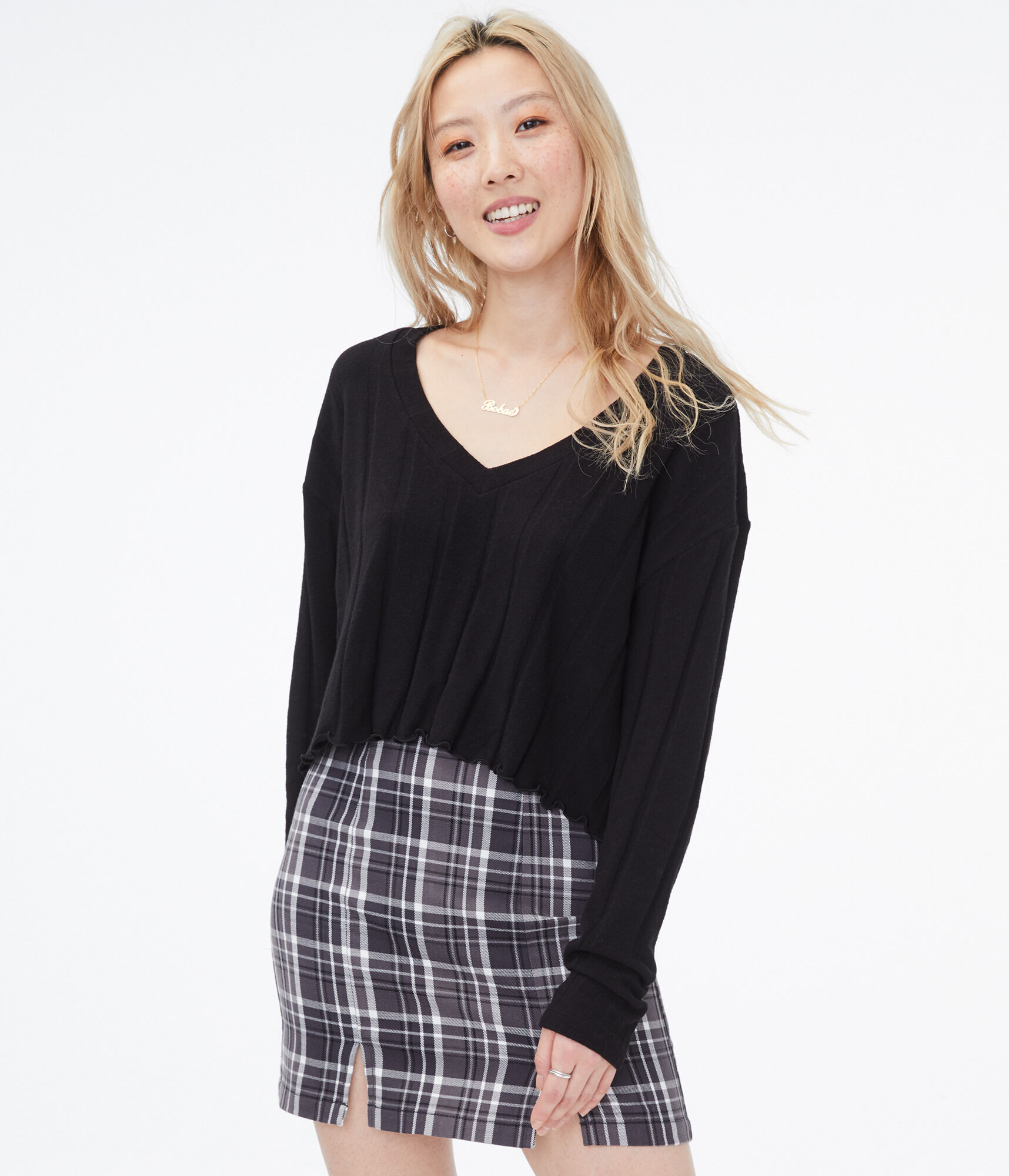 Long Sleeve Drop-Shoulder V-Neck Crop Top