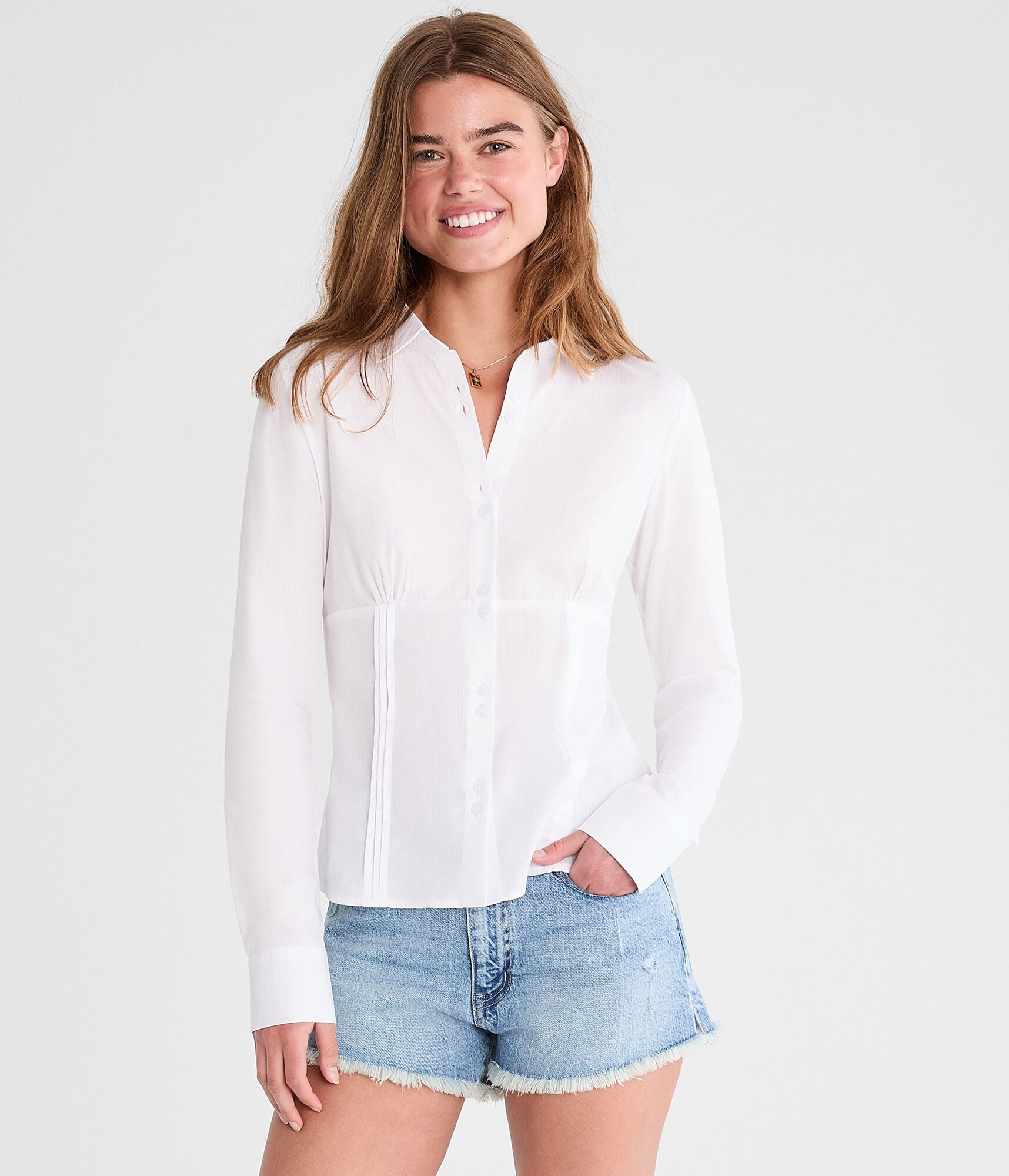 Long Sleeve Pleated Fitted Shirt