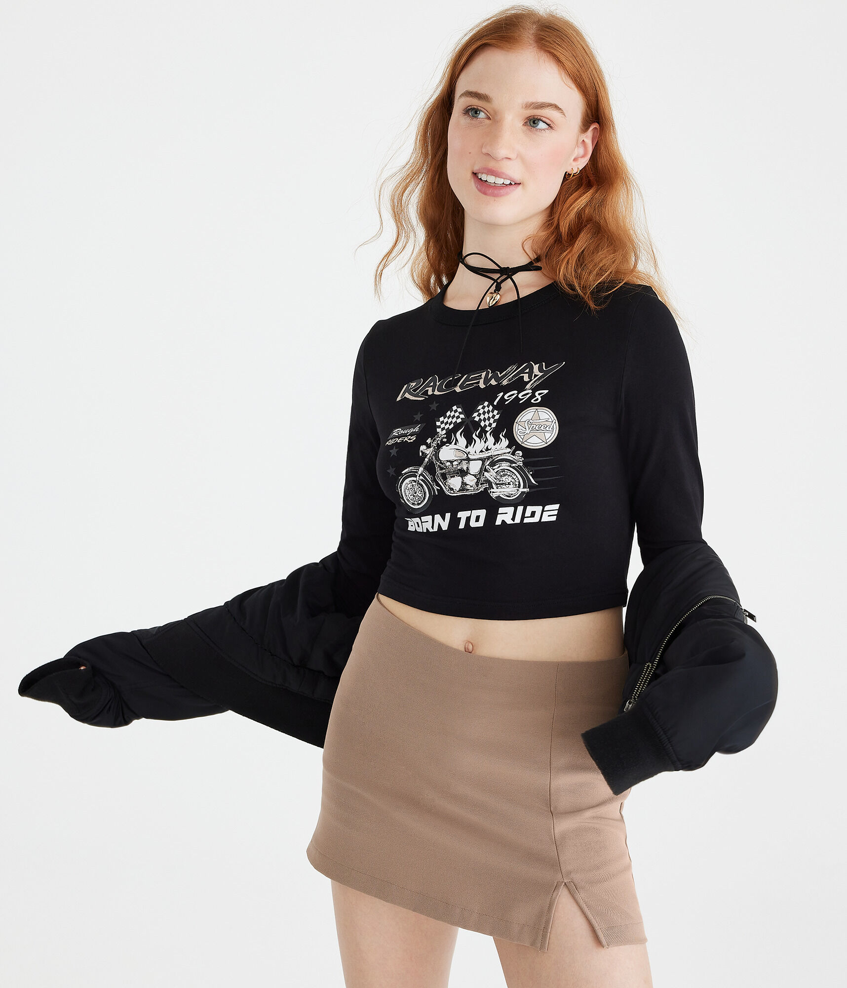 Long Sleeve Raceway Motorcycle Cropped Graphic Tee