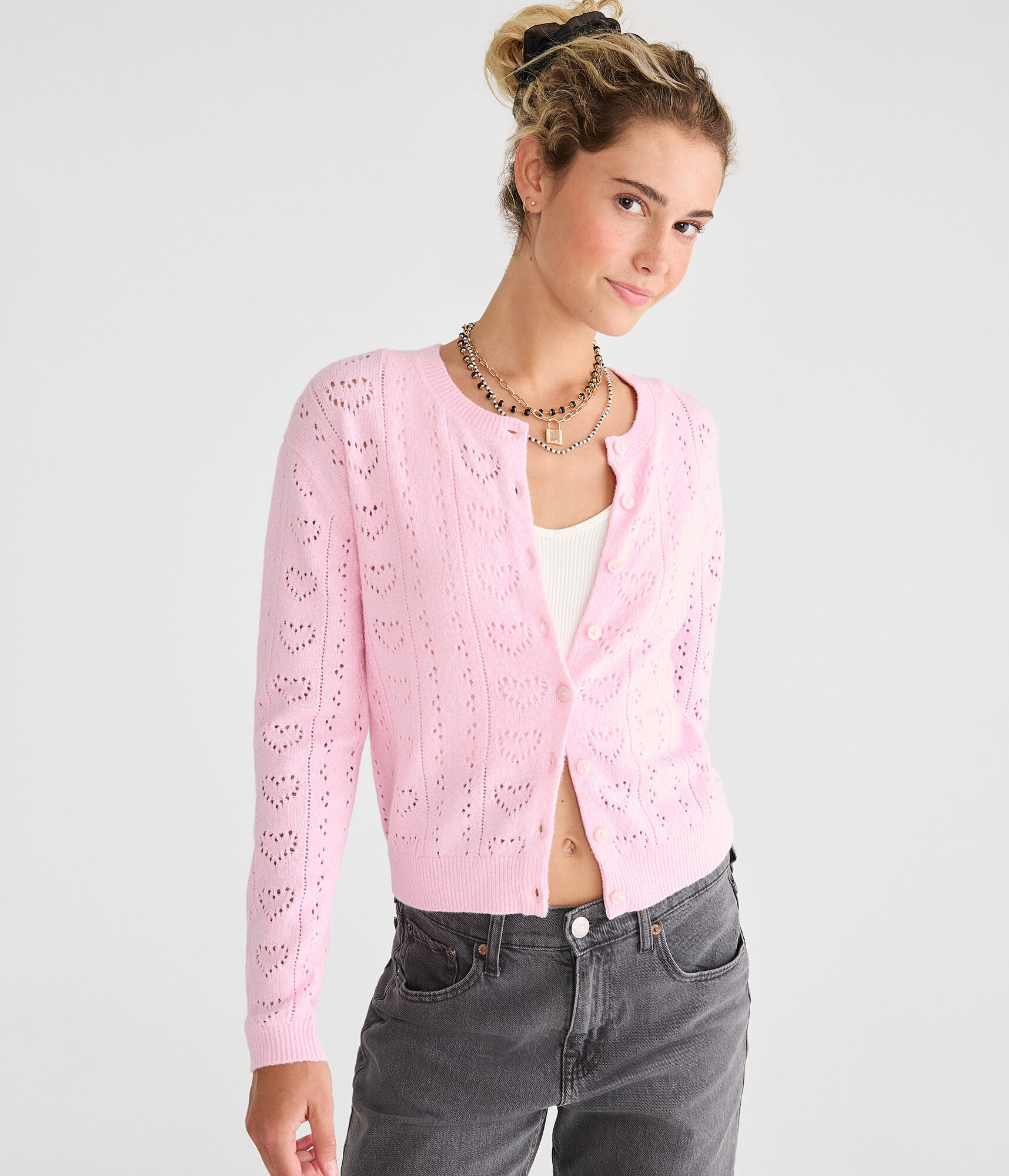 Pointelle Heart Crew Cardigan