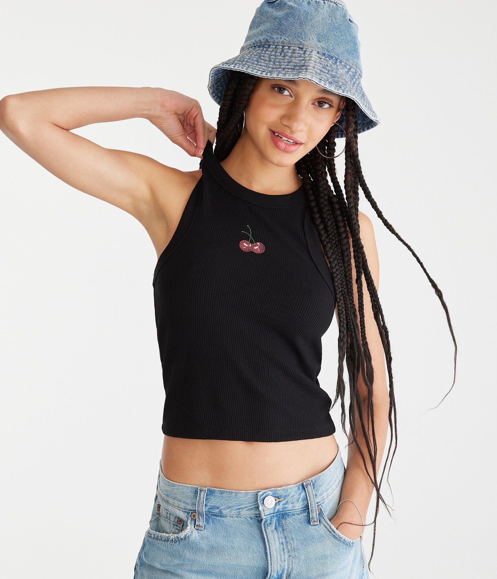 Cherries High-Neck Cropped Waffle Tank