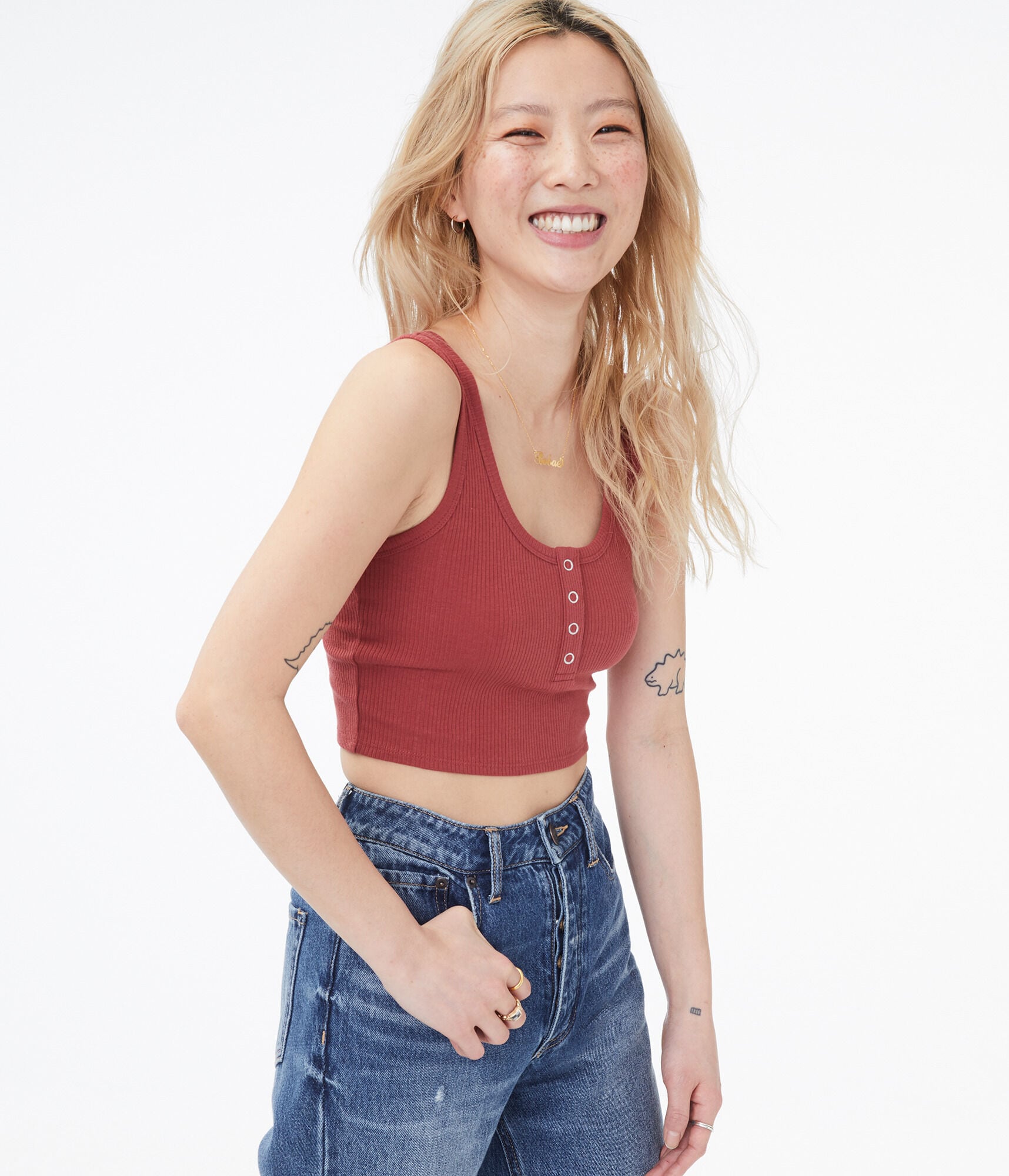 トップス O.tak Snap Henley Crop Top