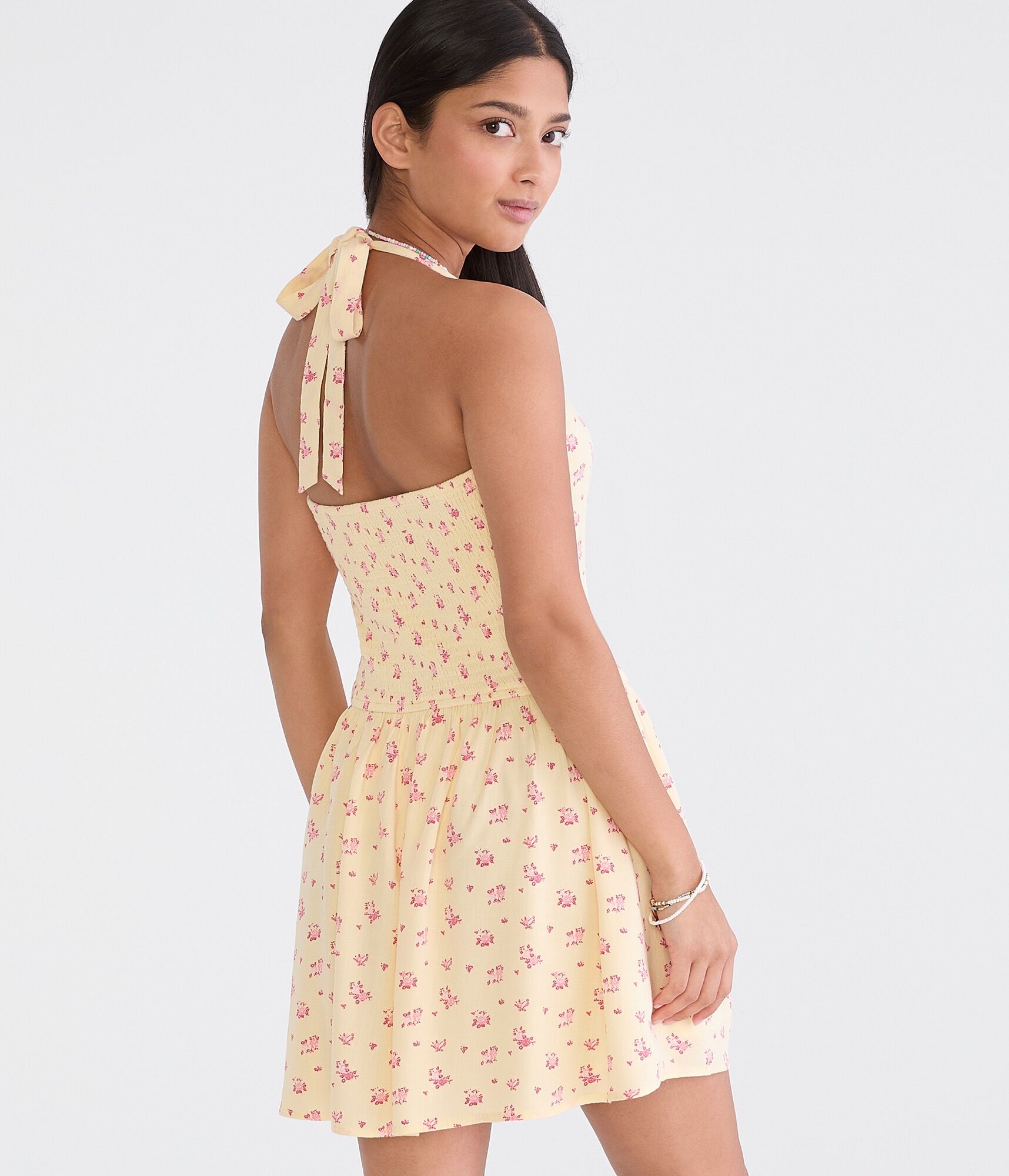 Floral Square-Neck Halter Drop-Waist Mini Dress