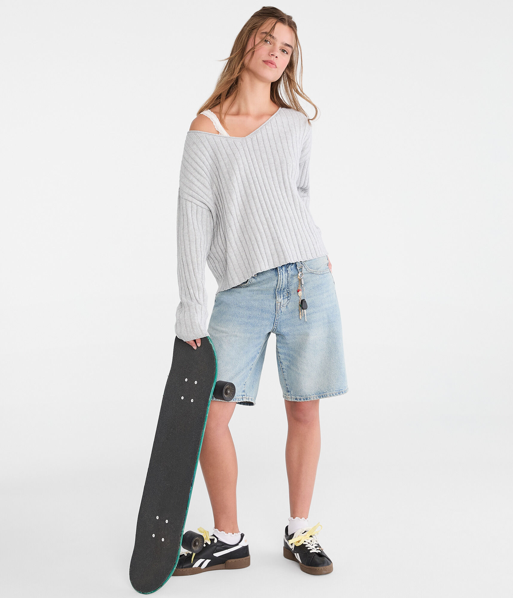 Sweater Ribbed Bottom Ribbed V-Neck Sweater