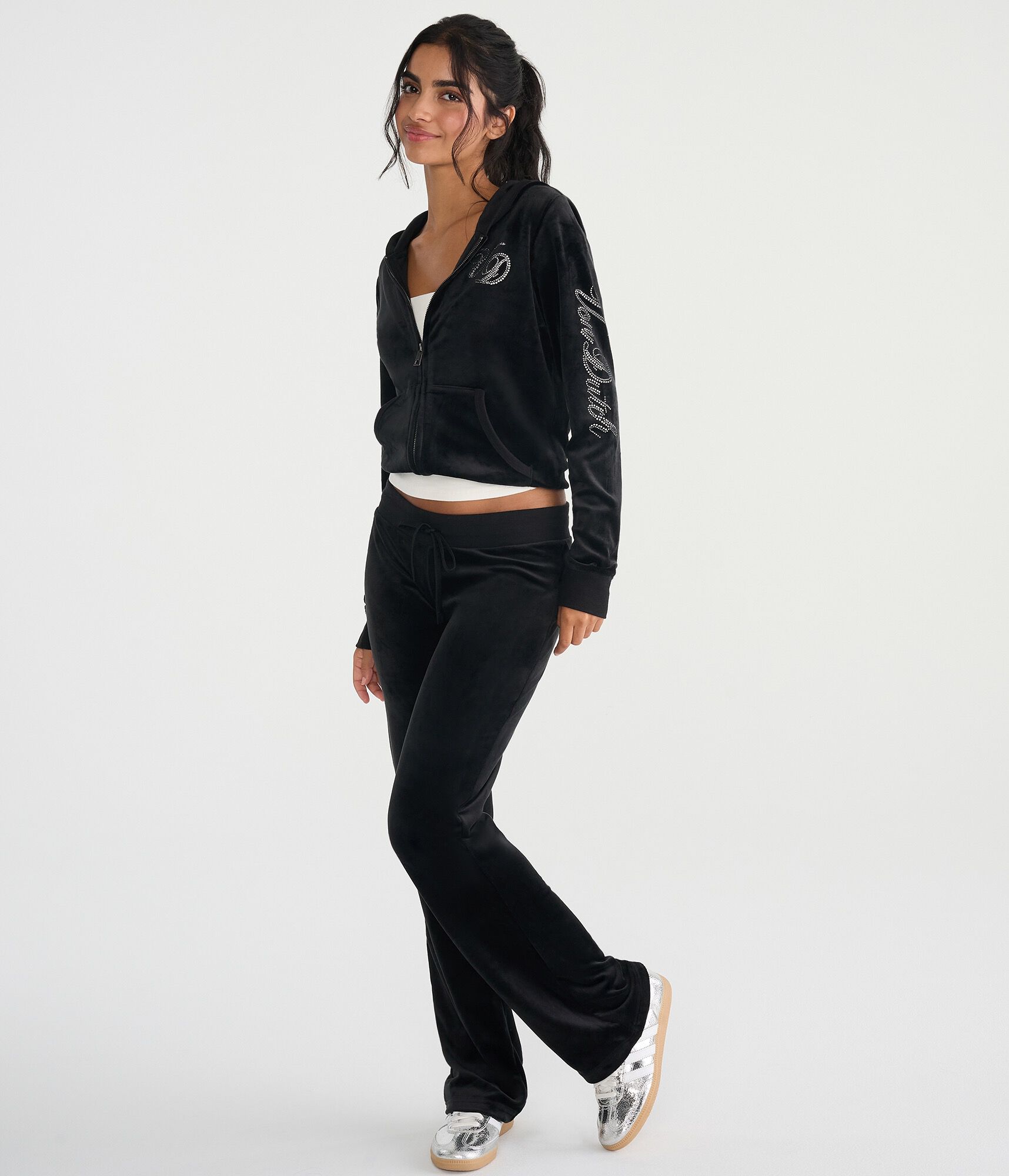 Von Dutch Rhinestone Logo Velour Full-Zip Hoodie