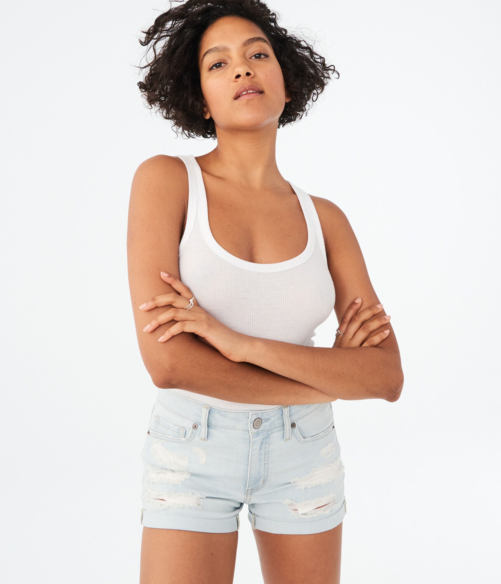 Seriously Stretchy High-Rise Destroyed Denim Midi Shorts