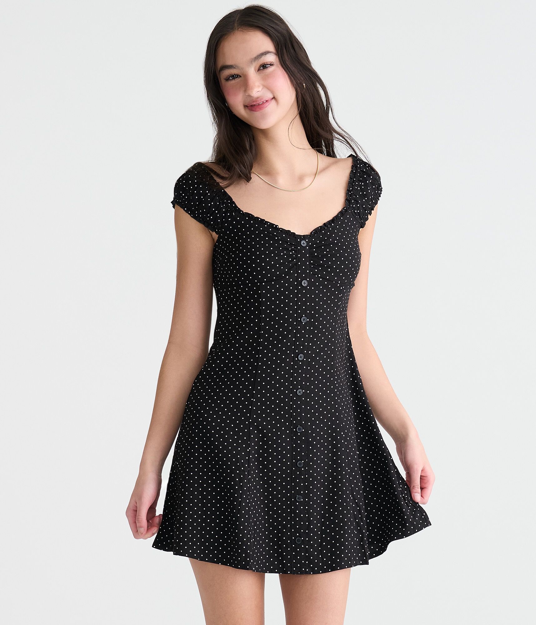 Floral Scoop-Neck Buttoned A-Line Mini Dress