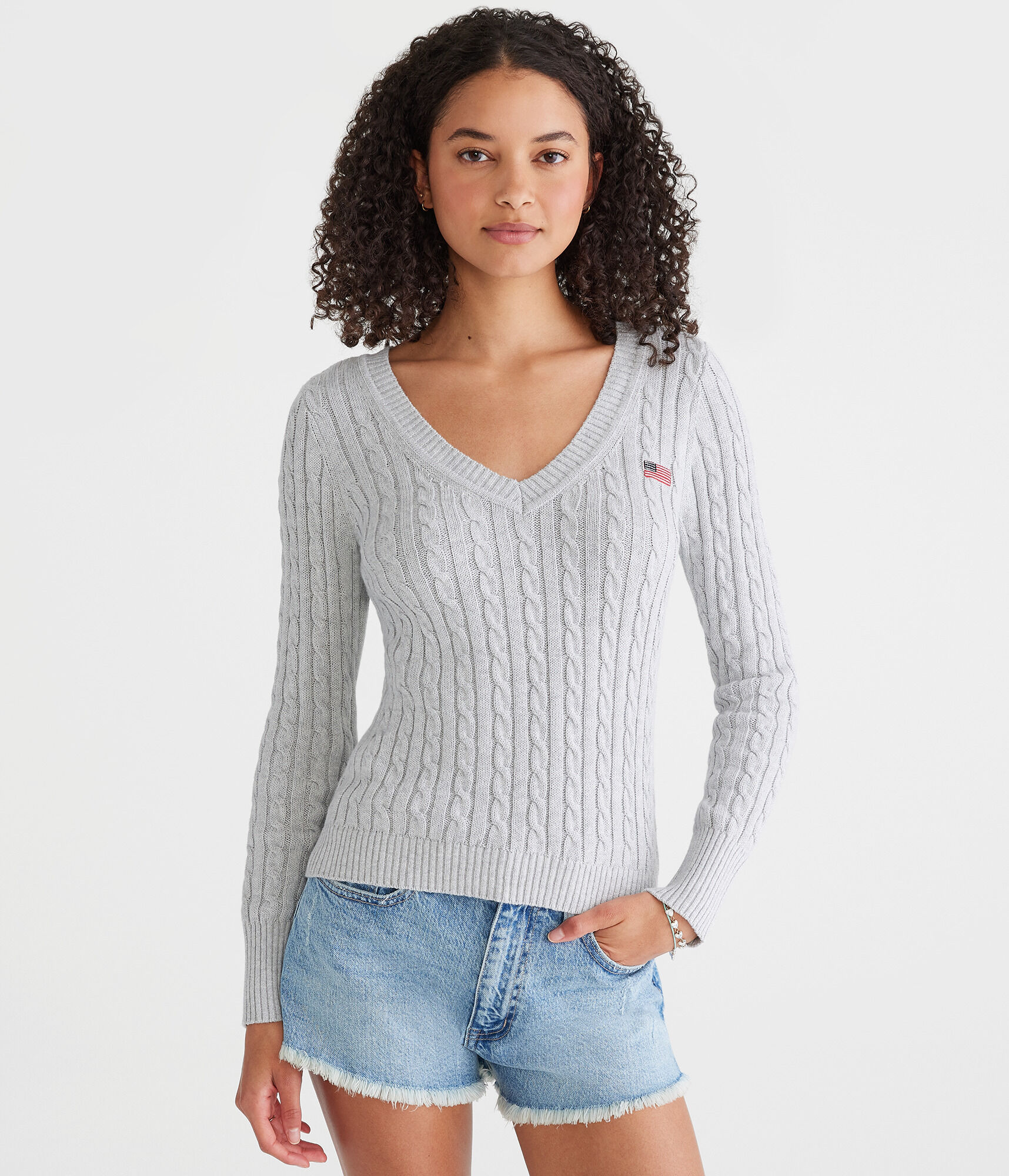 American Flag Cable V-Neck Sweater