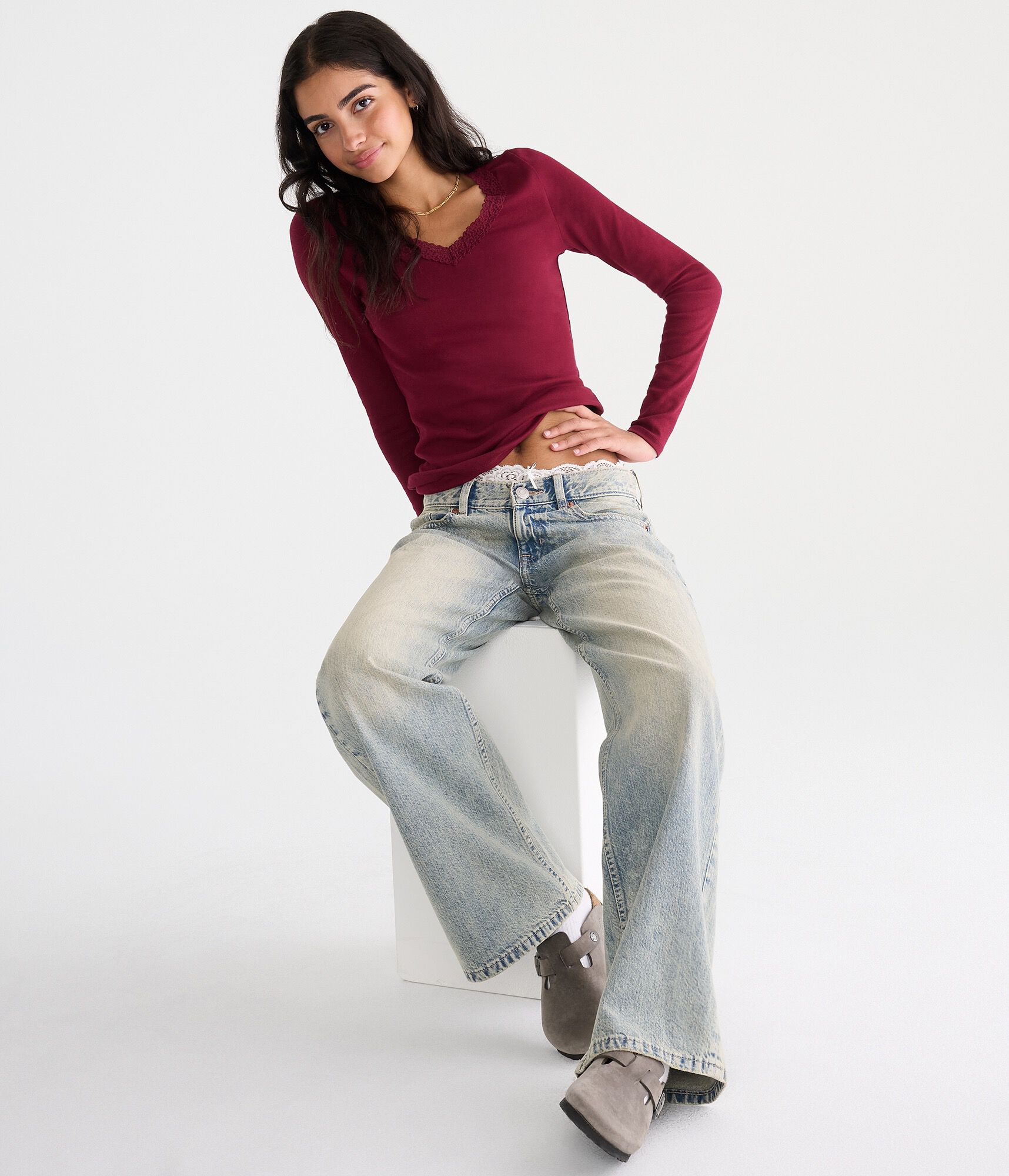 Long Sleeve Seriously Soft Lace-Trim V-Neck Tee