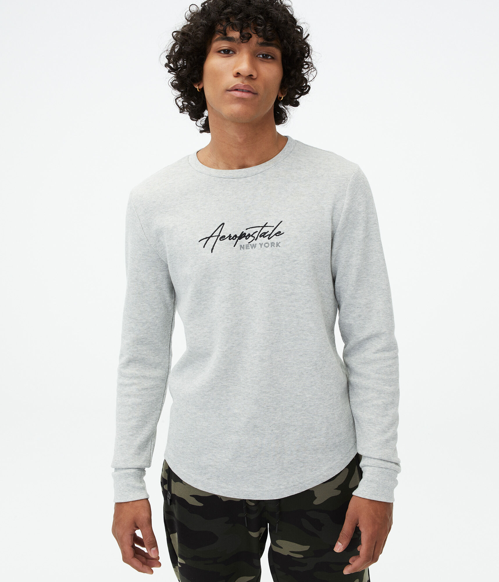 Long Sleeve Script Logo Curved Hem Thermal Graphic Tee