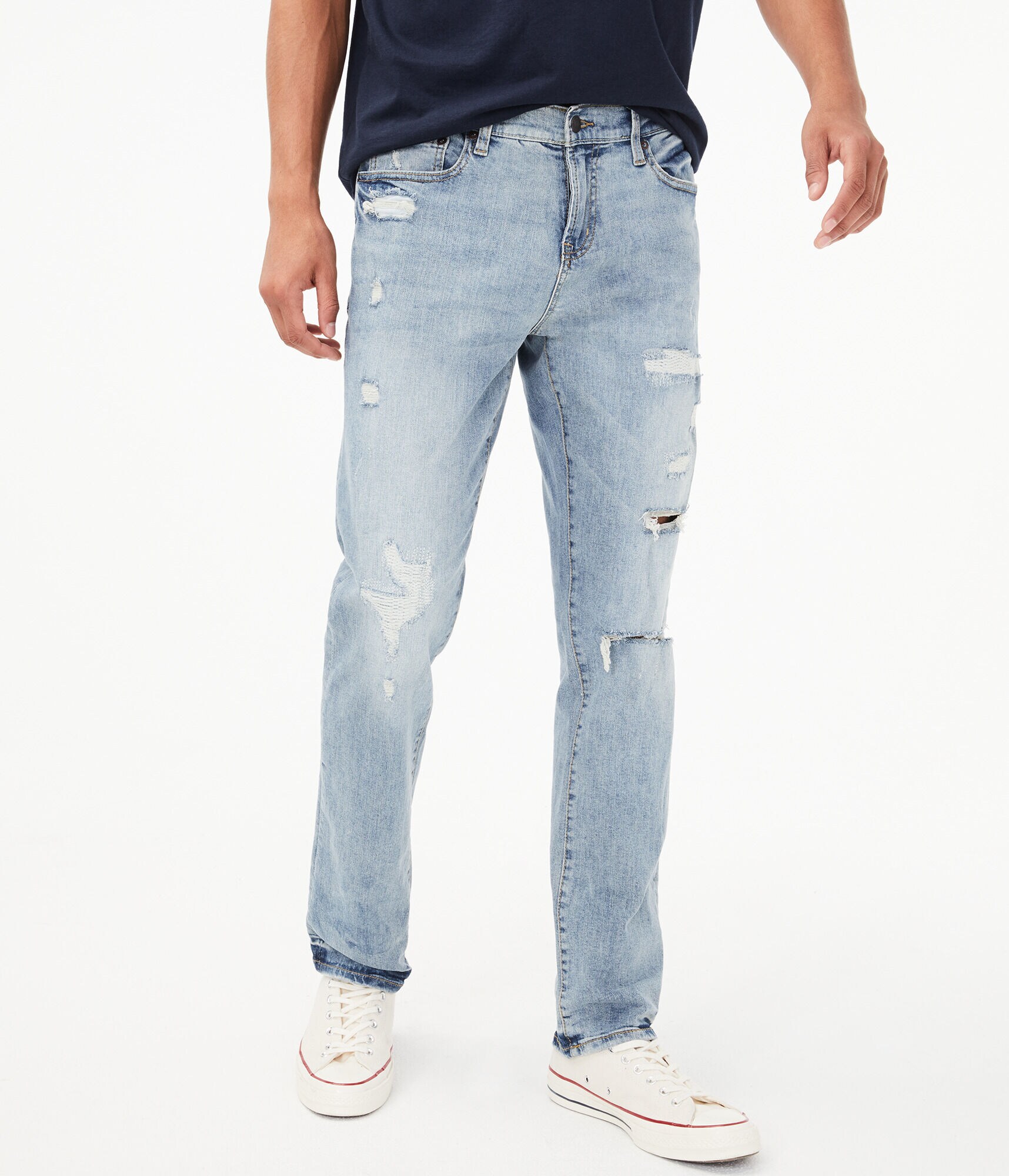 Slim Straight Light Wash Destroyed Stretch Jean