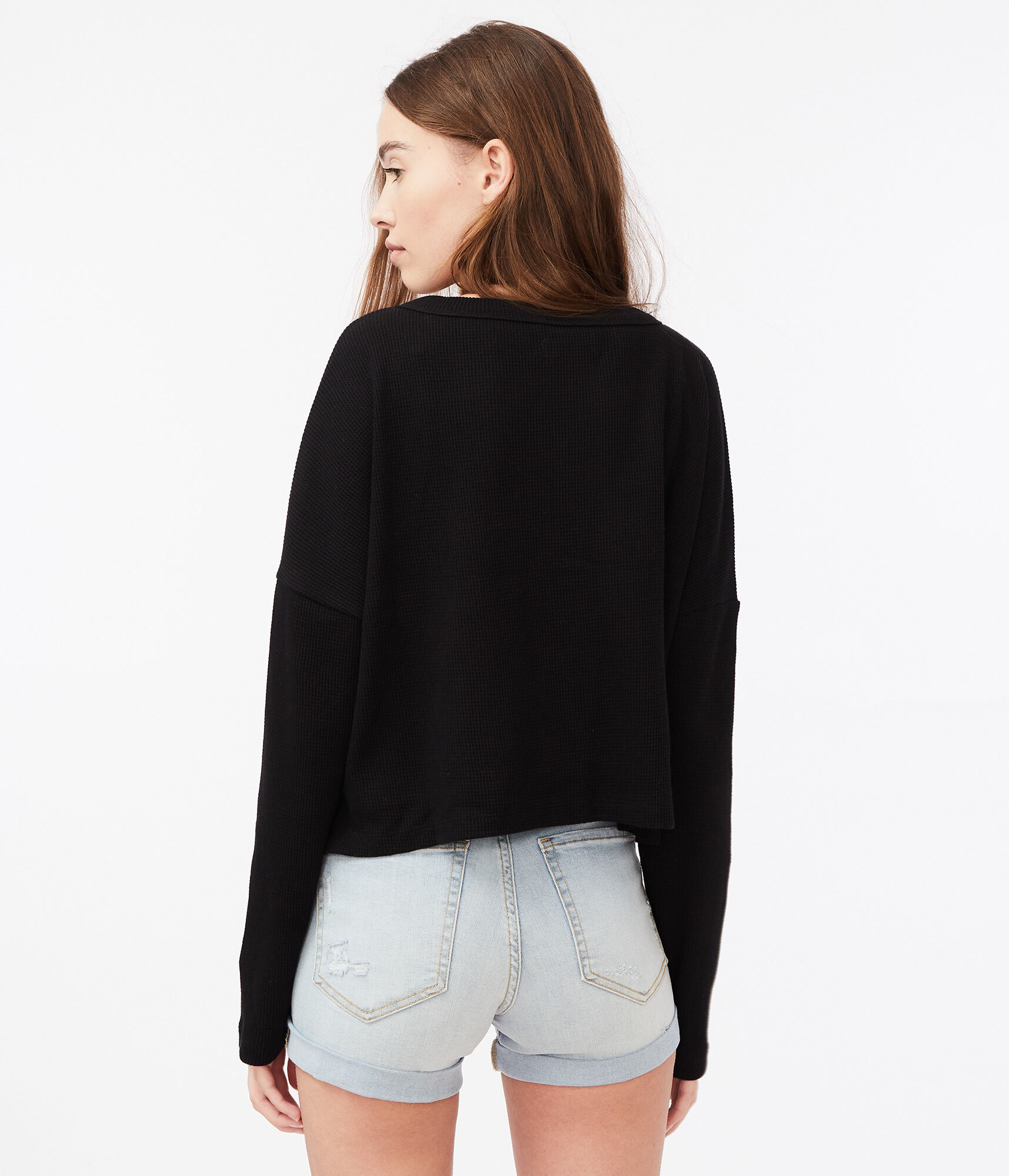 Long Sleeve Boxy Cropped Henley Waffle Tee
