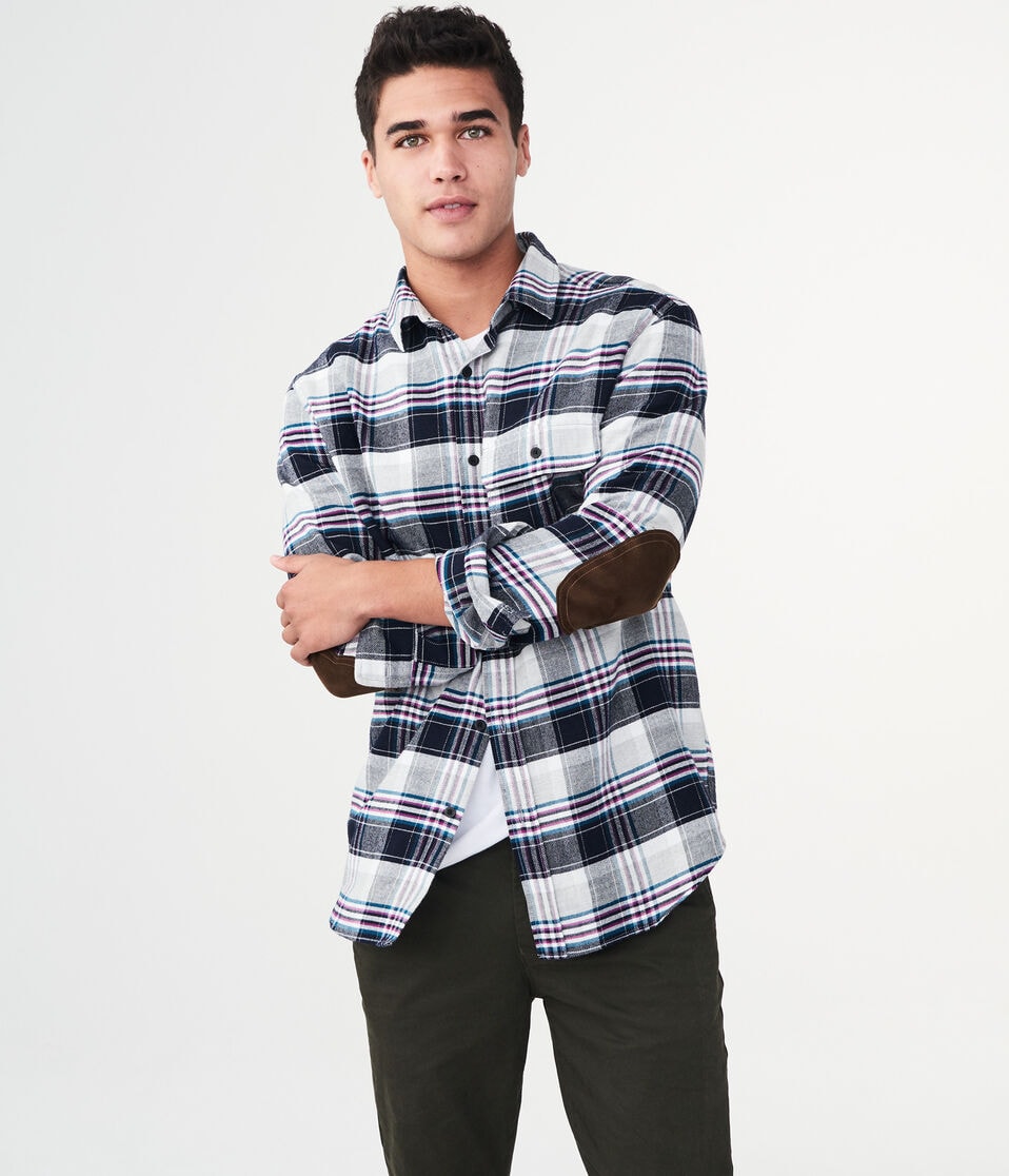 Long Sleeve Plaid Elbow Patch Woven Shirt