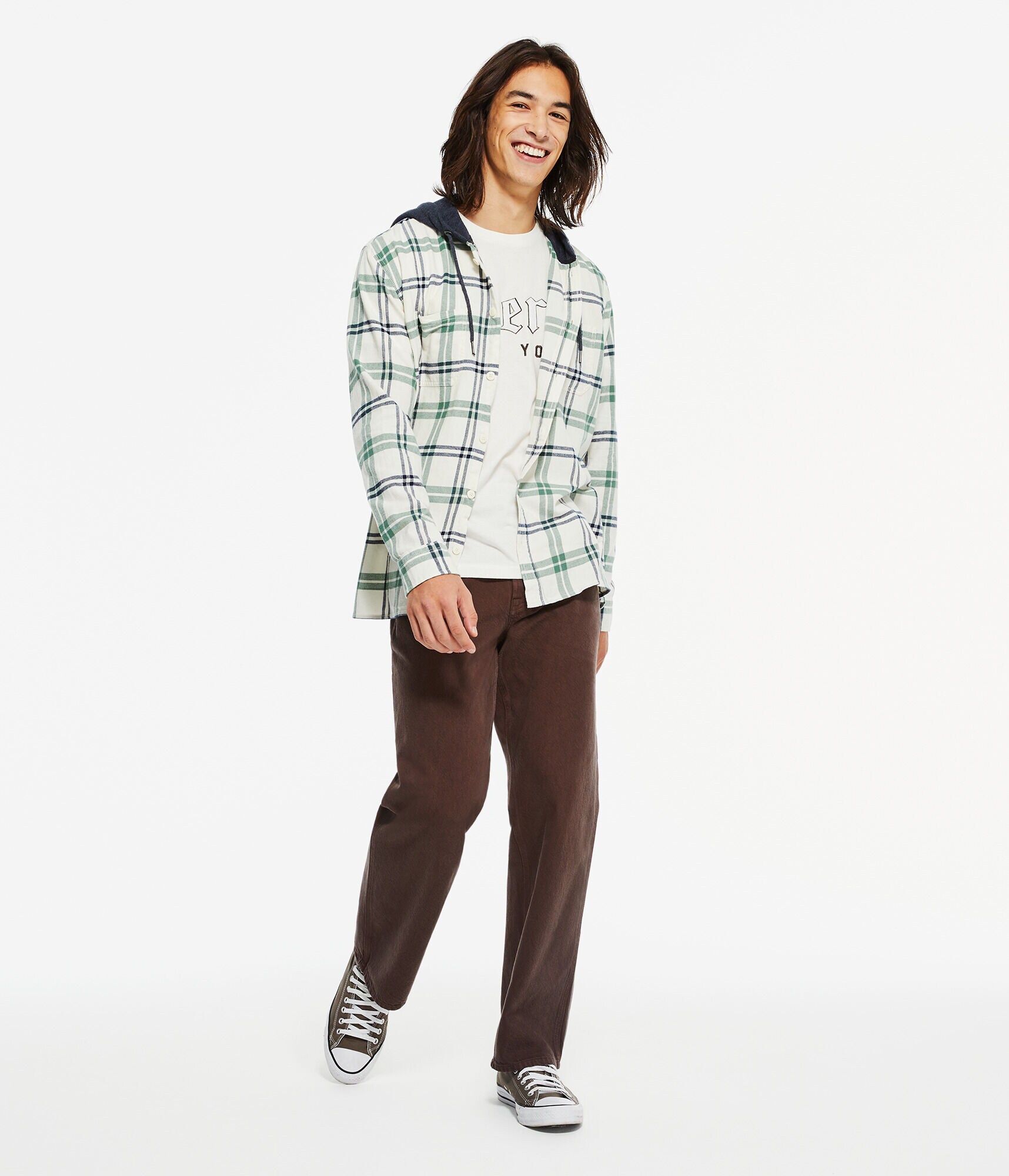 Long Sleeve Plaid Flannel Hooded Button-Down Shirt