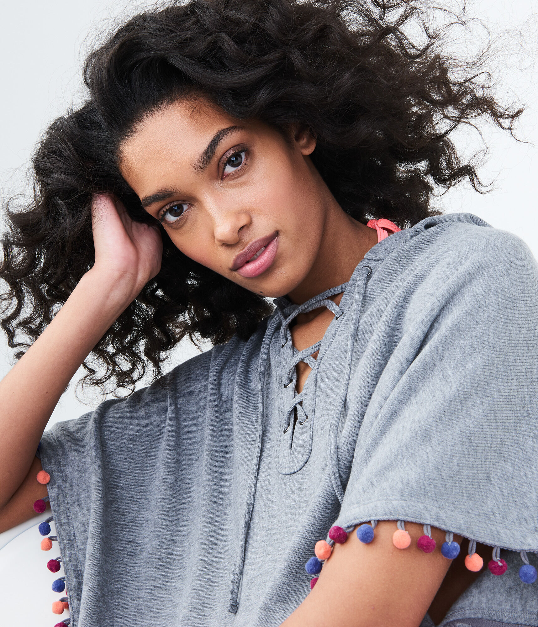 LLD Hooded Pom-Pom Lace-Up Poncho
