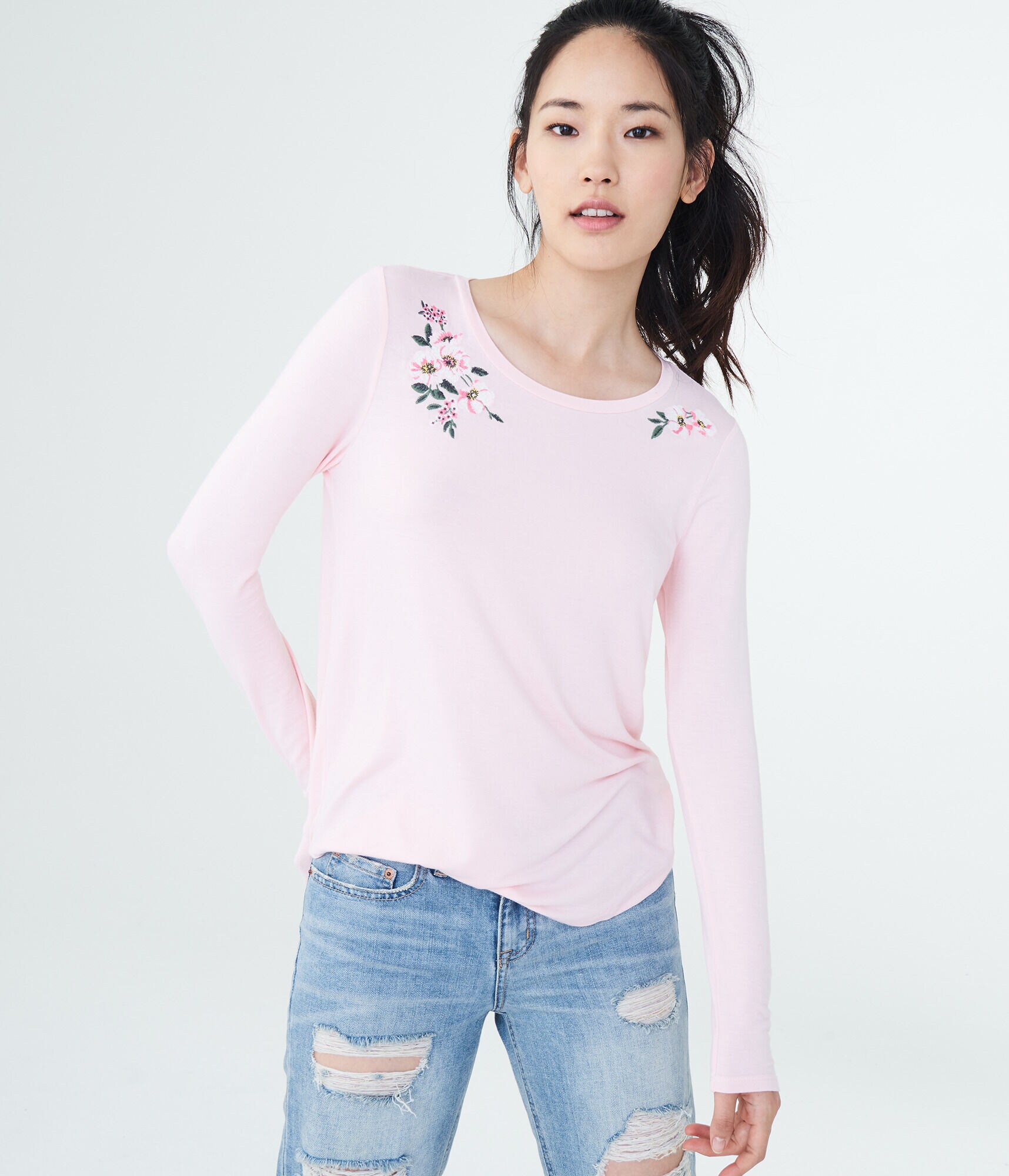 Long Sleeve Seriously Soft Floral Embroidered Crew Tee