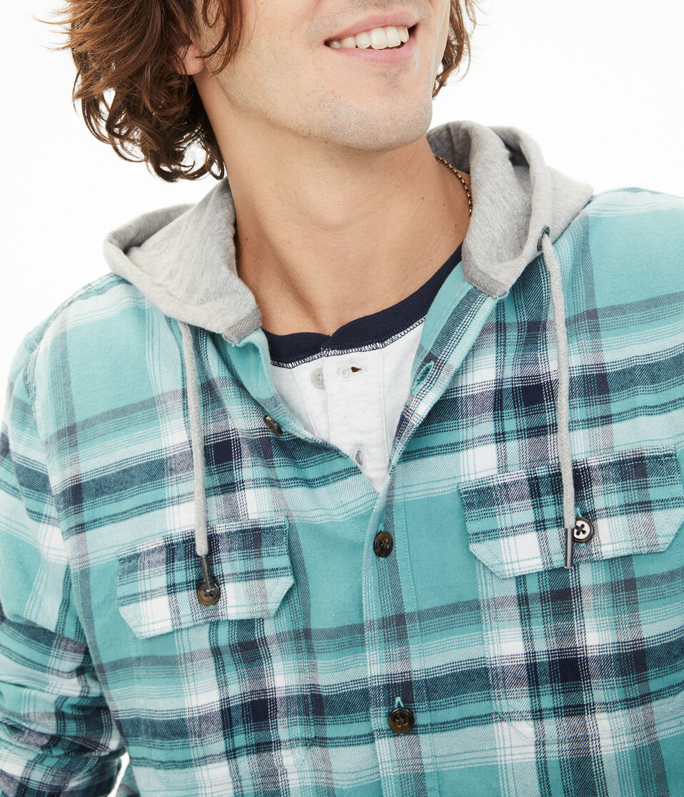 Long Sleeve Plaid Hooded Button-Down Shirt