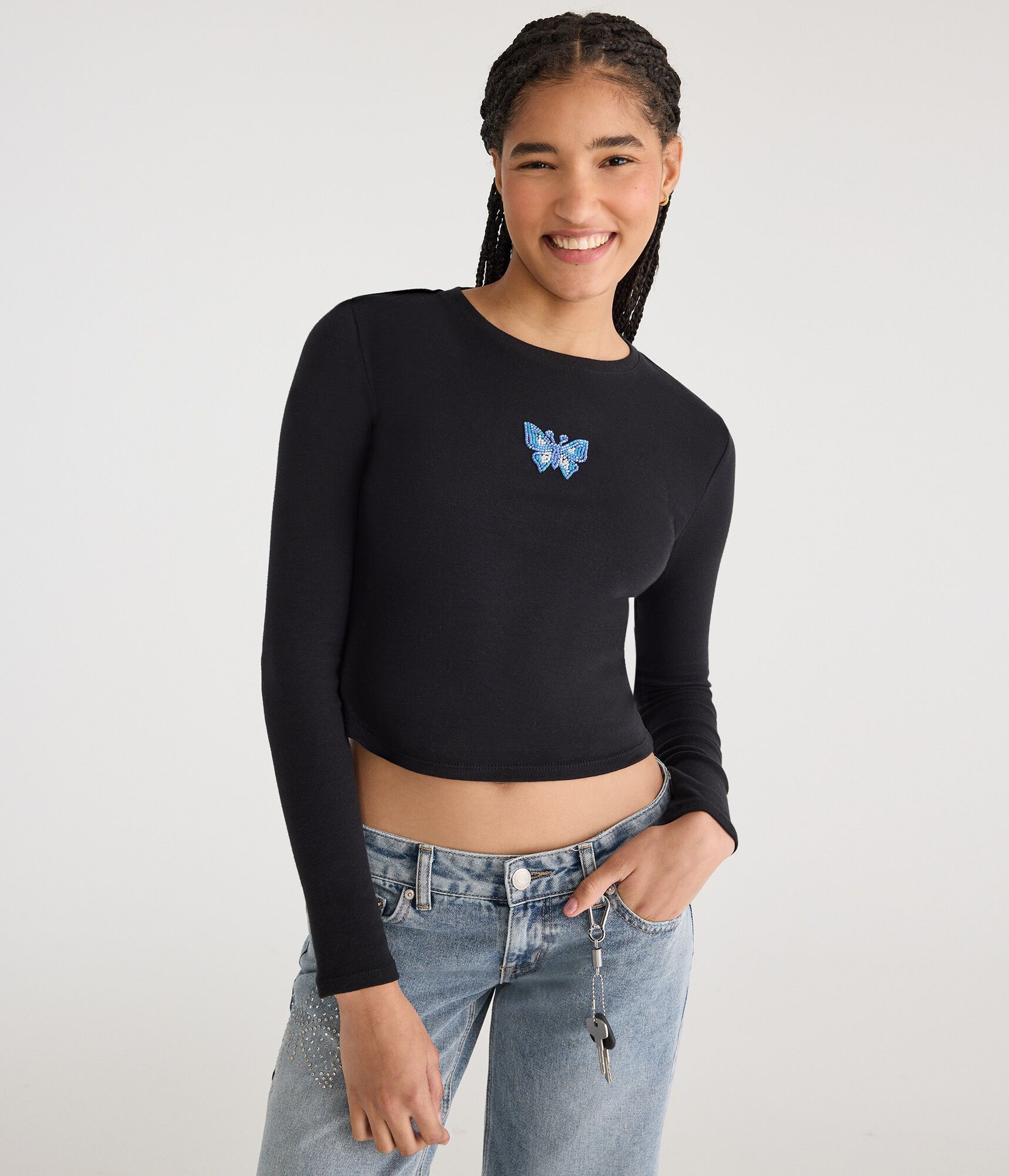 Long Sleeve Beaded Butterfly Top