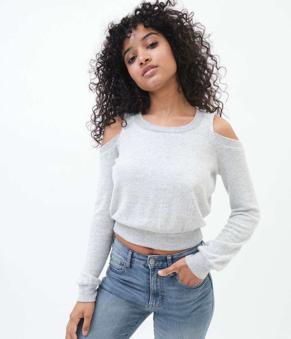 Long Sleeve Fuzzy Cold-Shoulder Top