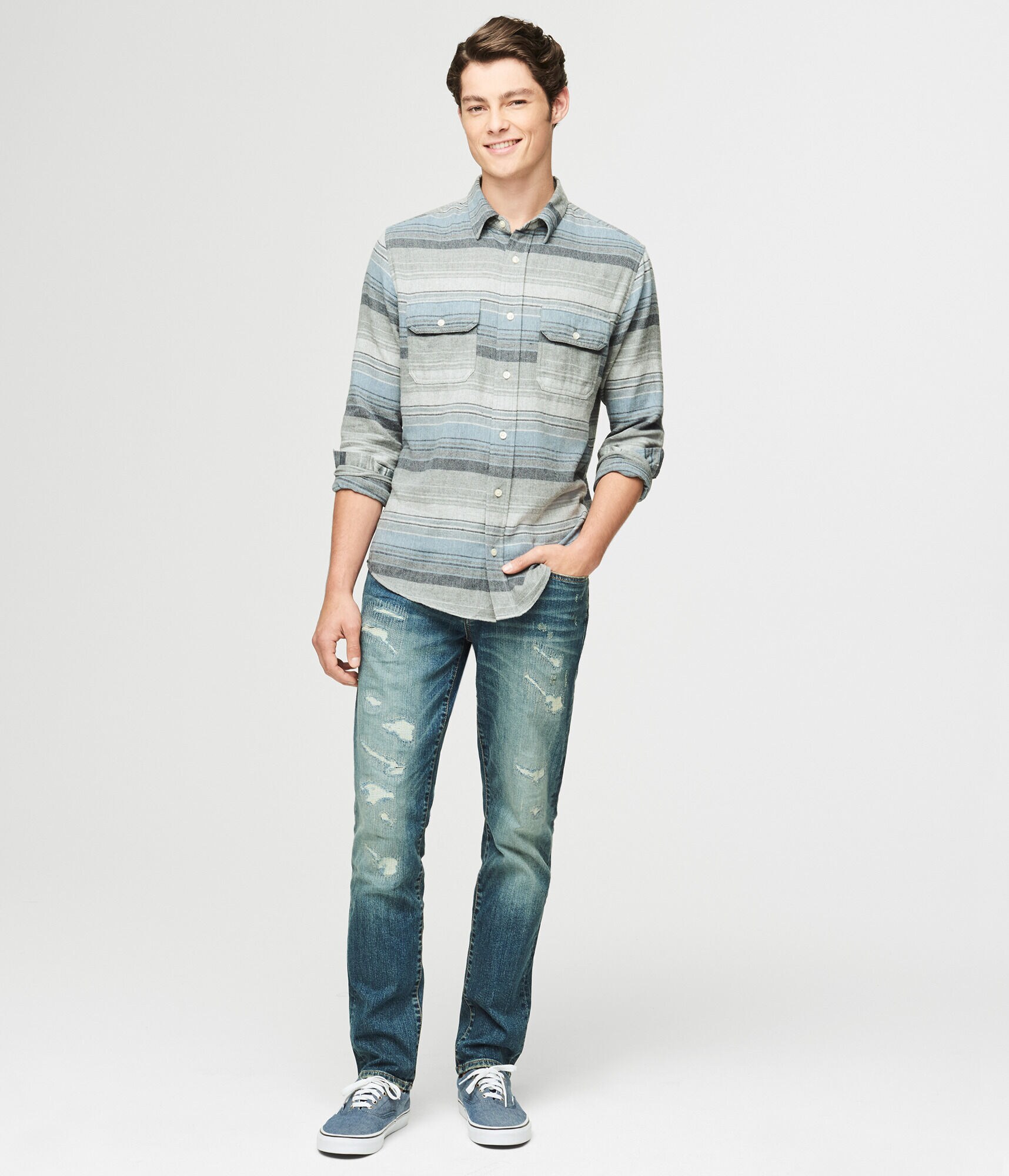 Long Sleeve Striped Flannel Woven Shirt