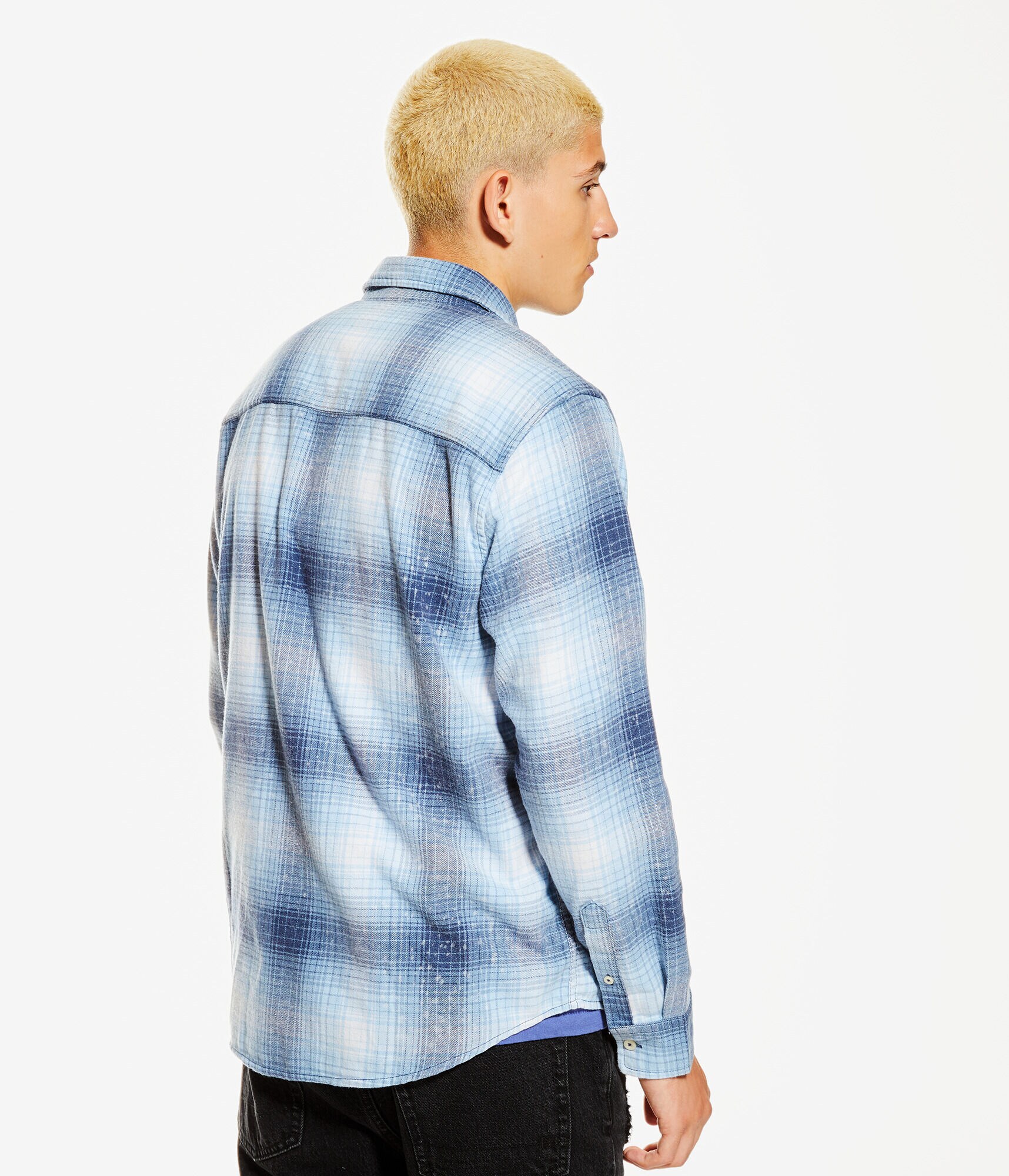 Long Sleeve Relaxed Bleached-Out Plaid Flannel Shirt