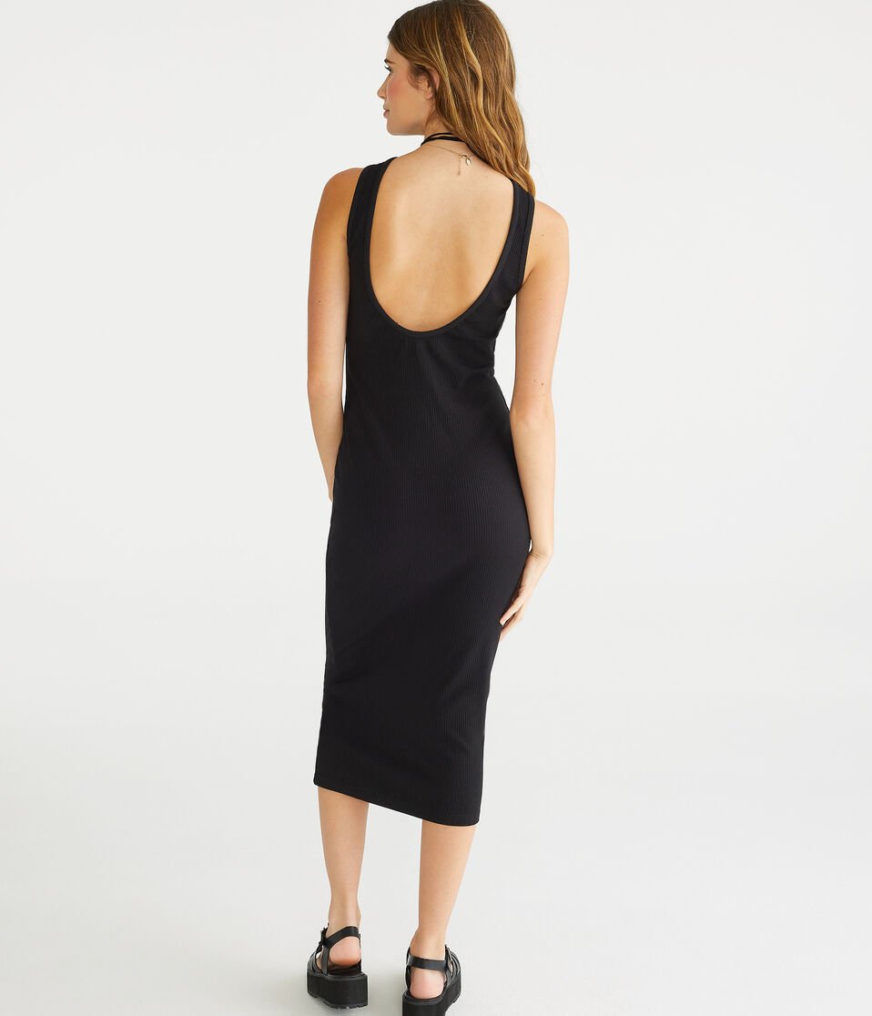 Solid High-Neck Ribbed Midi Dress