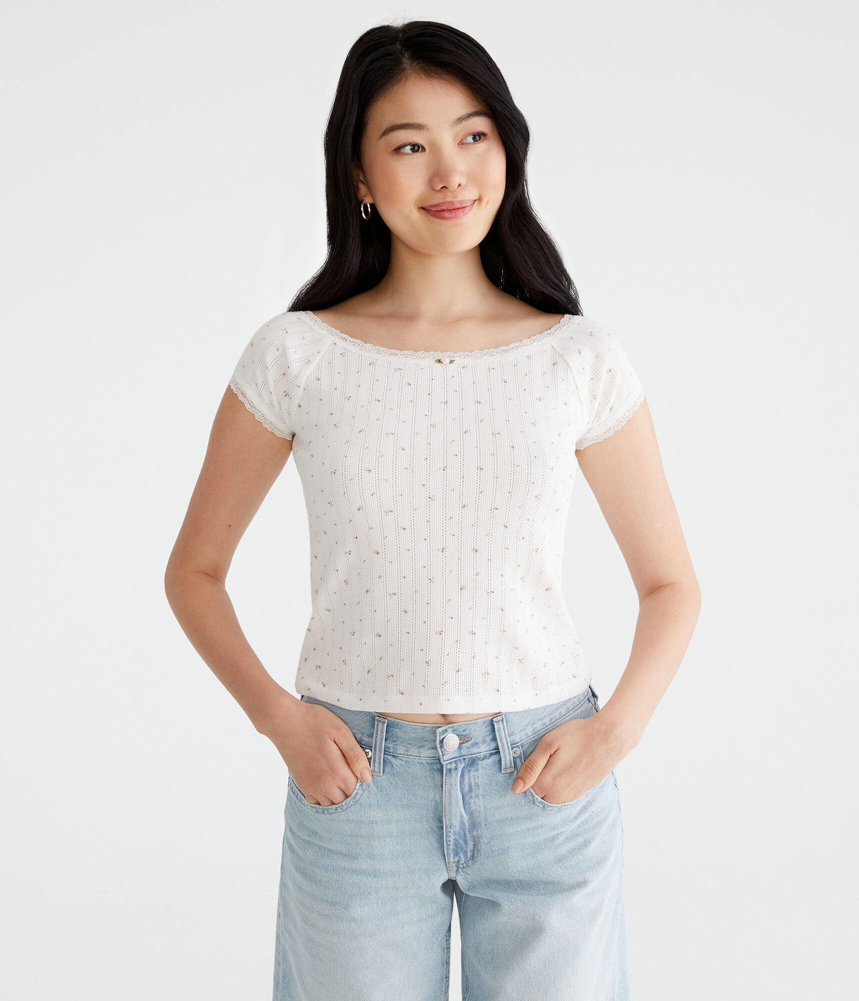 Ditsy Floral Boat-Neck Shrunken Tee