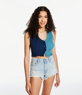 Colorblocked Ruffle Button-Up Cropped Tank