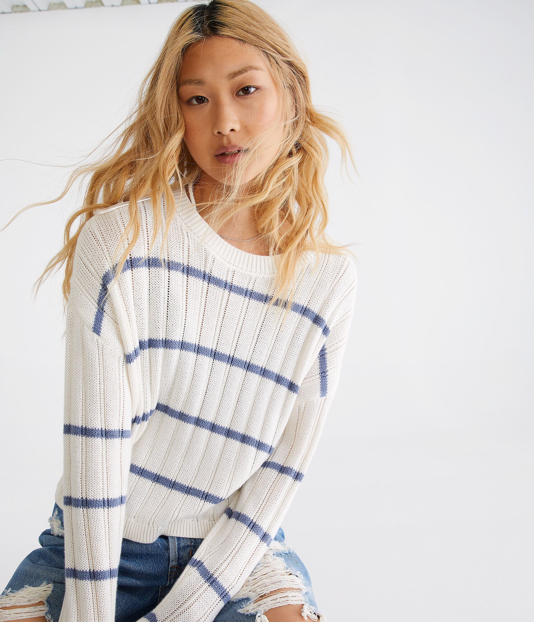 Striped Cropped Crew Sweater
