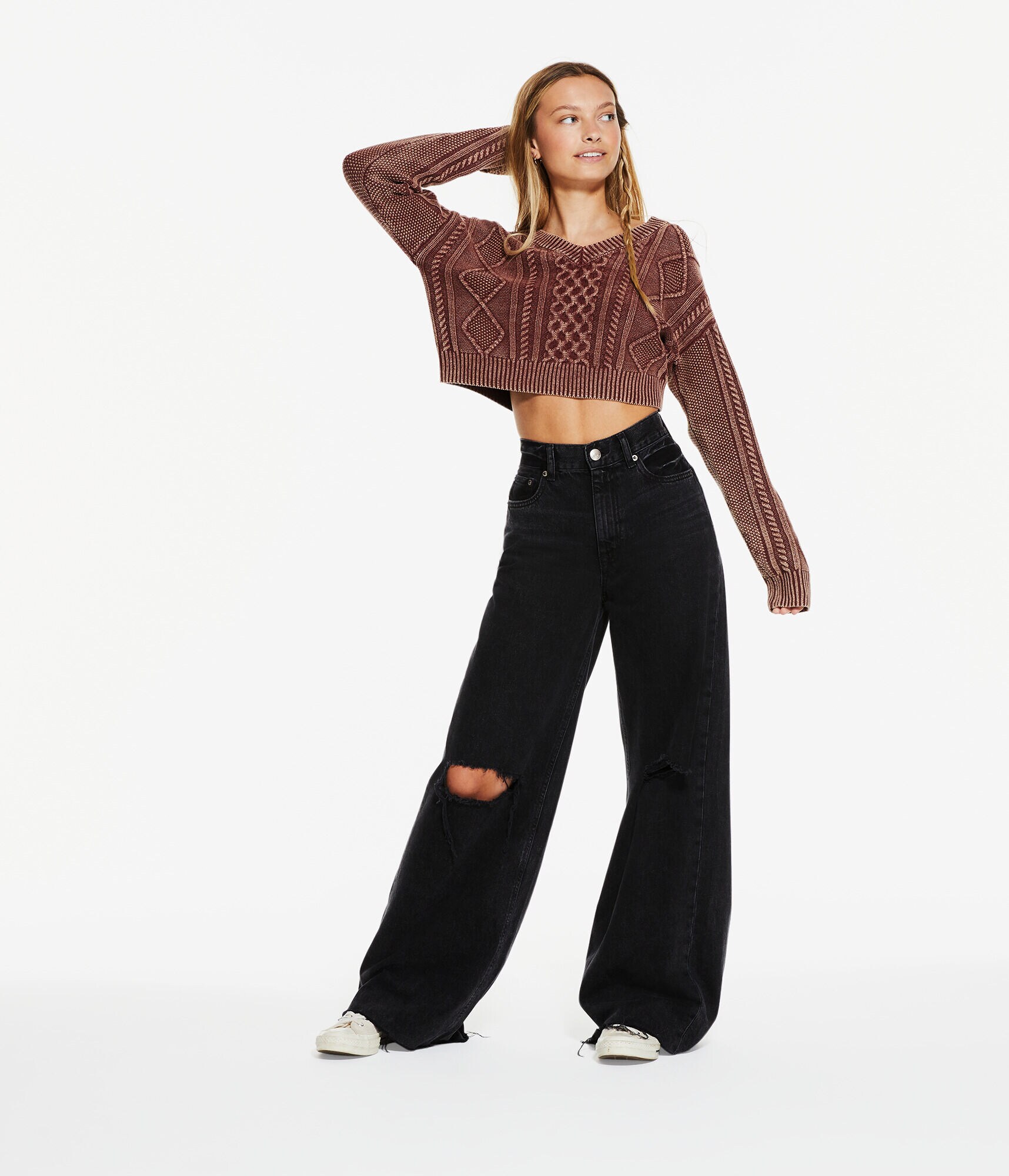 Cable-Knit Cropped V-Neck Sweater
