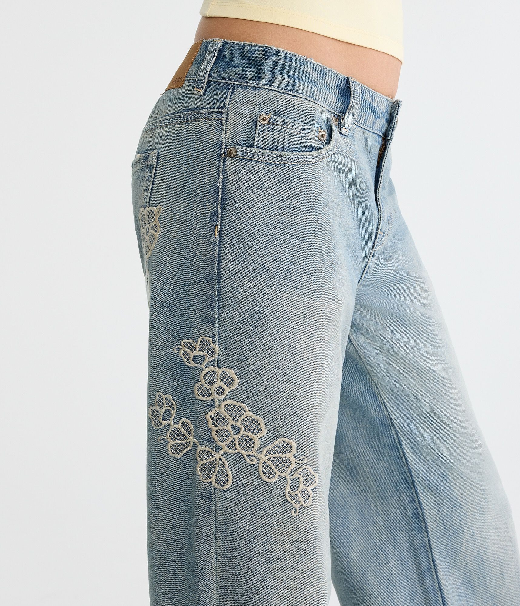 Low-Rise Baggy Wide Leg Embroidered Floral Jean