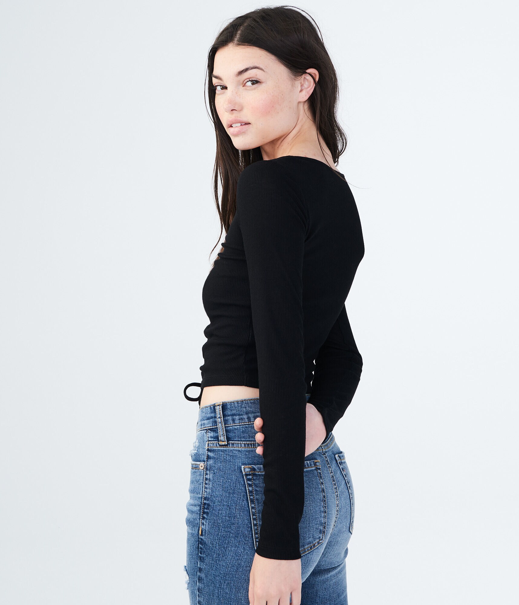 Long Sleeve Solid Ruched Ribbed Top