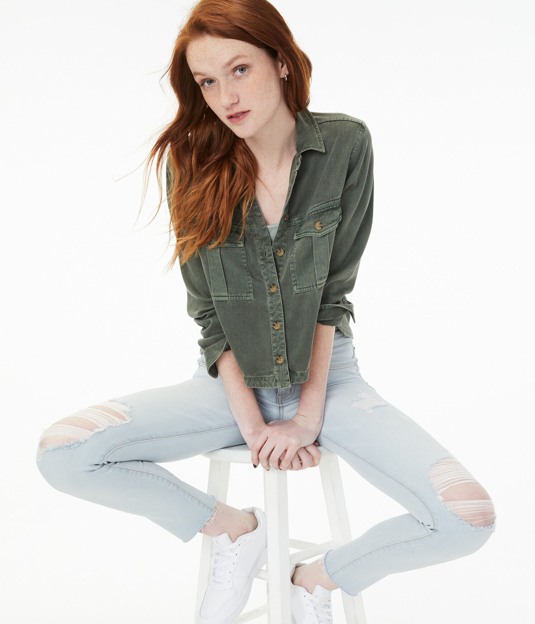 Long Sleeve Cropped Button-Down Shirt