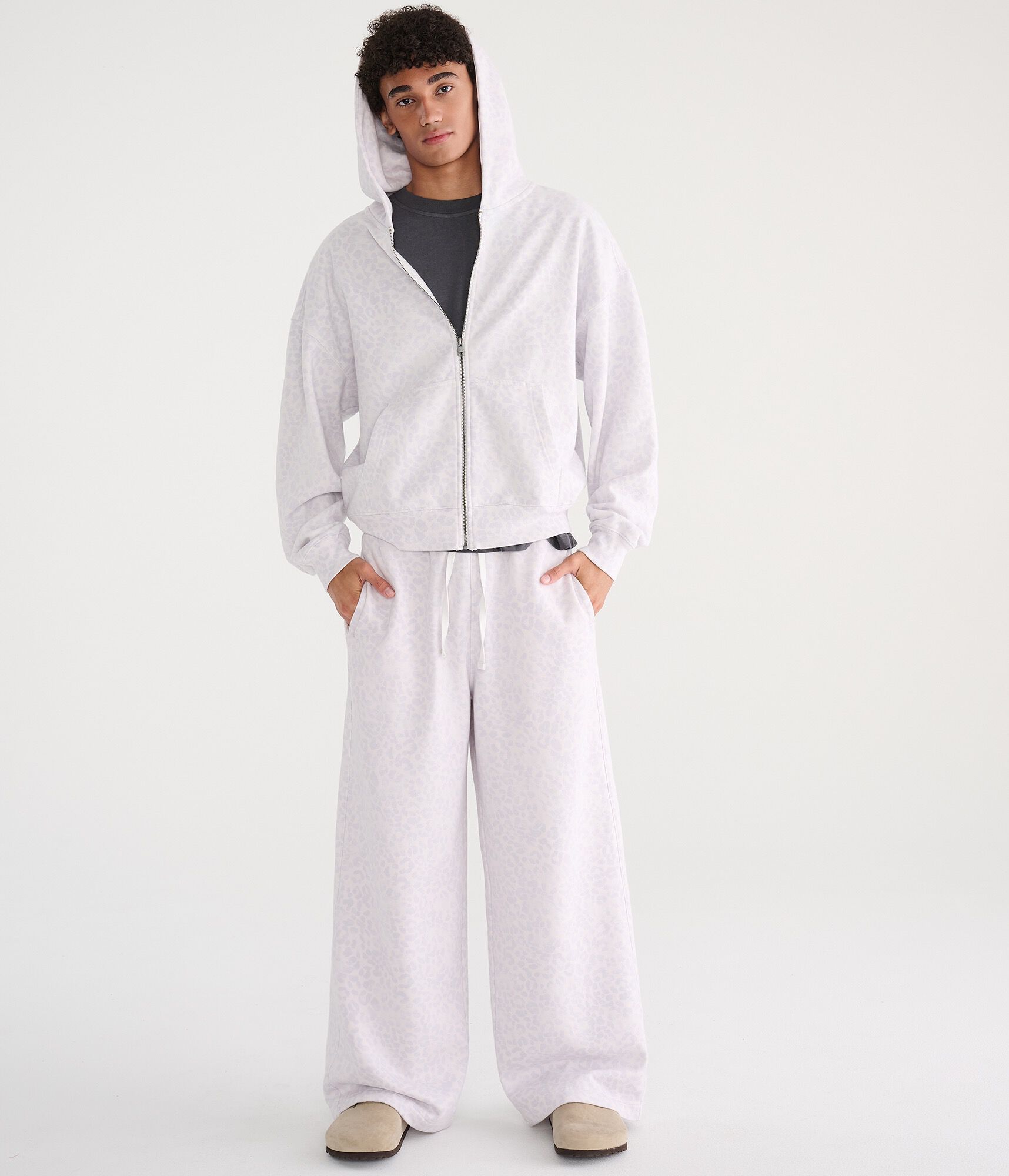 Cloud Soft Snow Leopard Print Boxy Full-Zip Hoodie