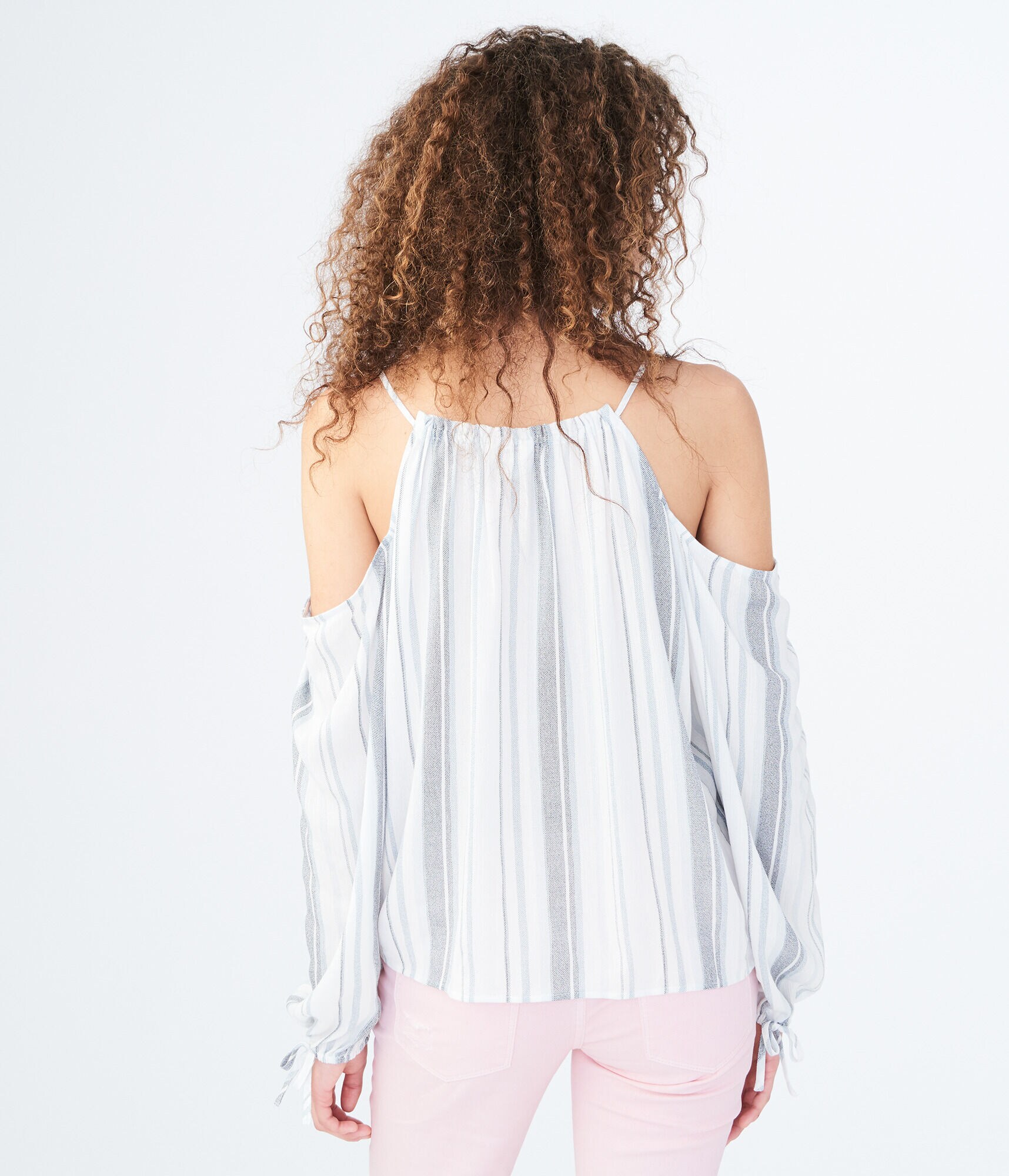 Long Sleeve Striped Cold-Shoulder Top