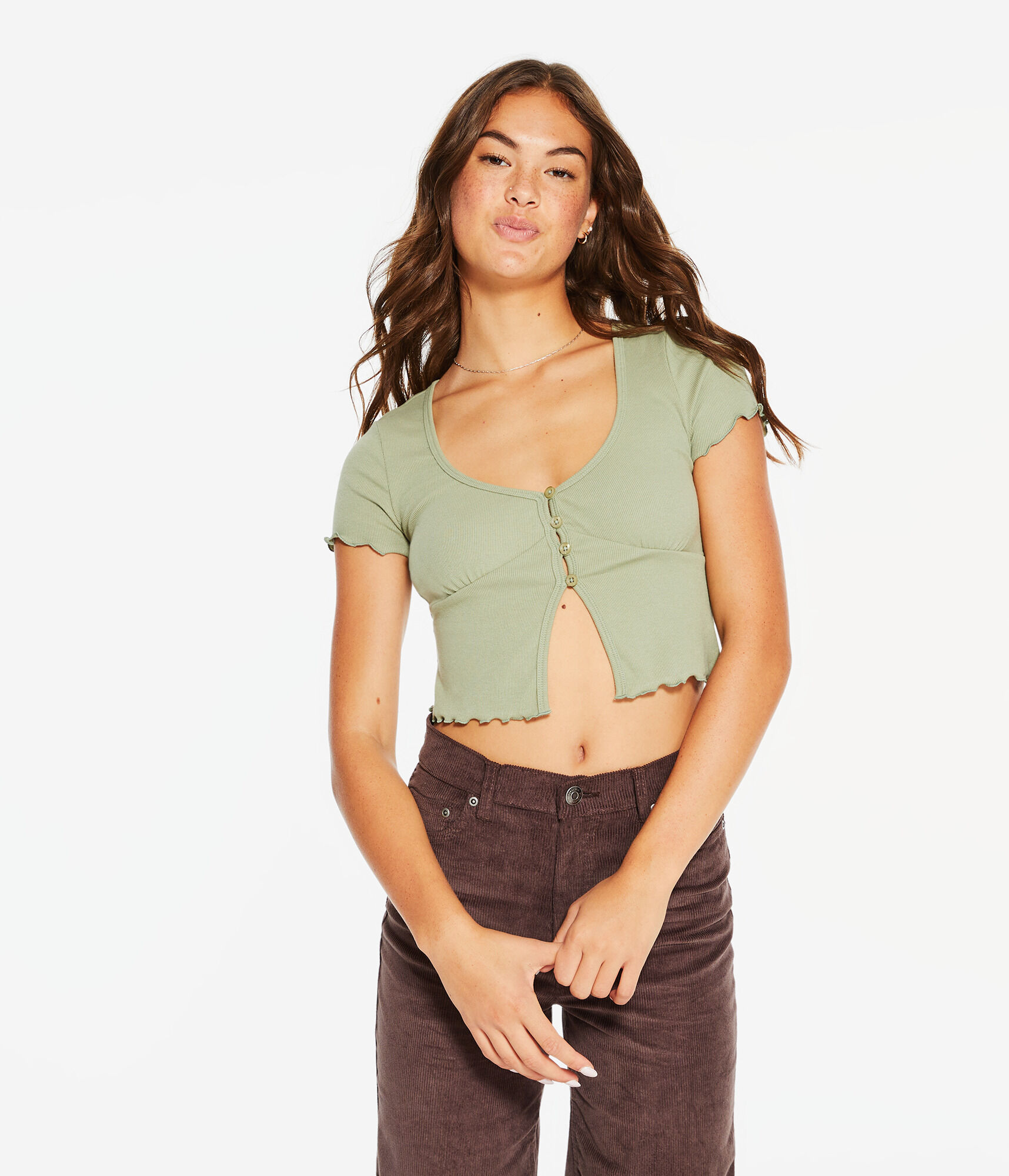 Flyaway Button-Front Cropped Tee