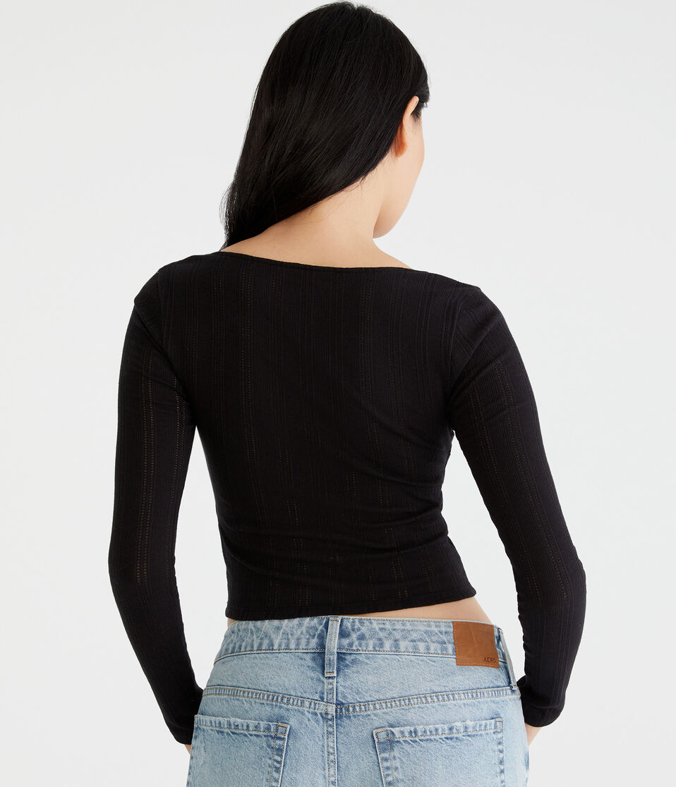 Long Sleeve Cinch-Front V-Neck Crop Top